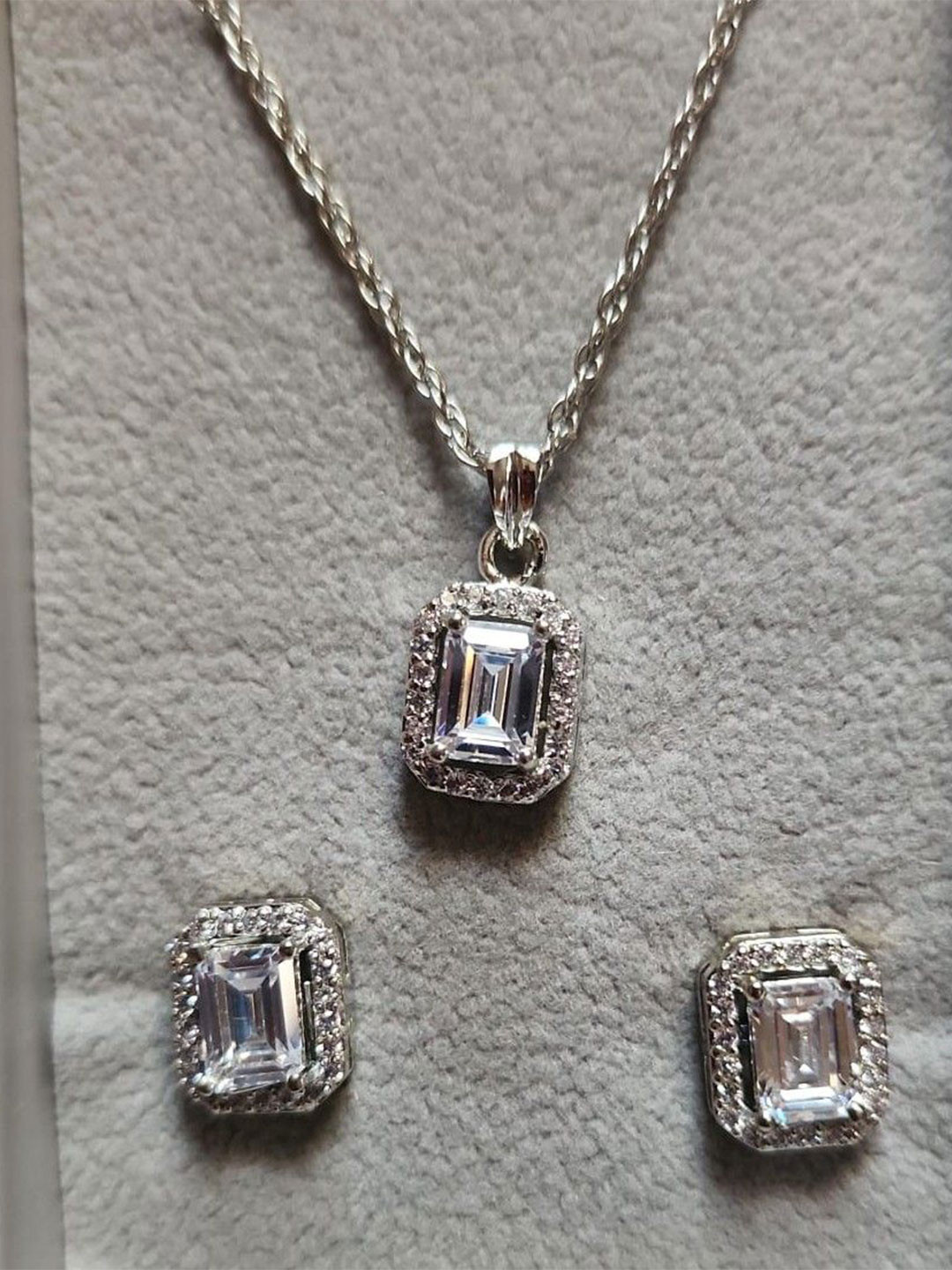 Tara Silver Jewels Rhodium-Plated Cubic Zirconia-Studded Baguette Pendant Set