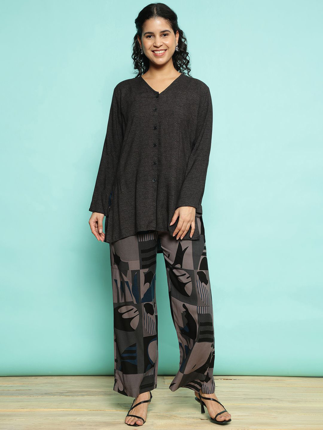 AC&F Printed V Neck Shirt & Palazzo Co-Ords