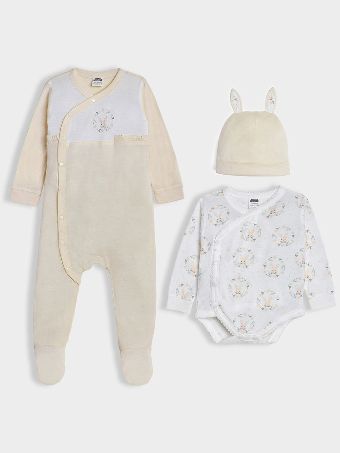 MiArcus Printed Romper,Sleepsuit & Solid Cap Set For Girls