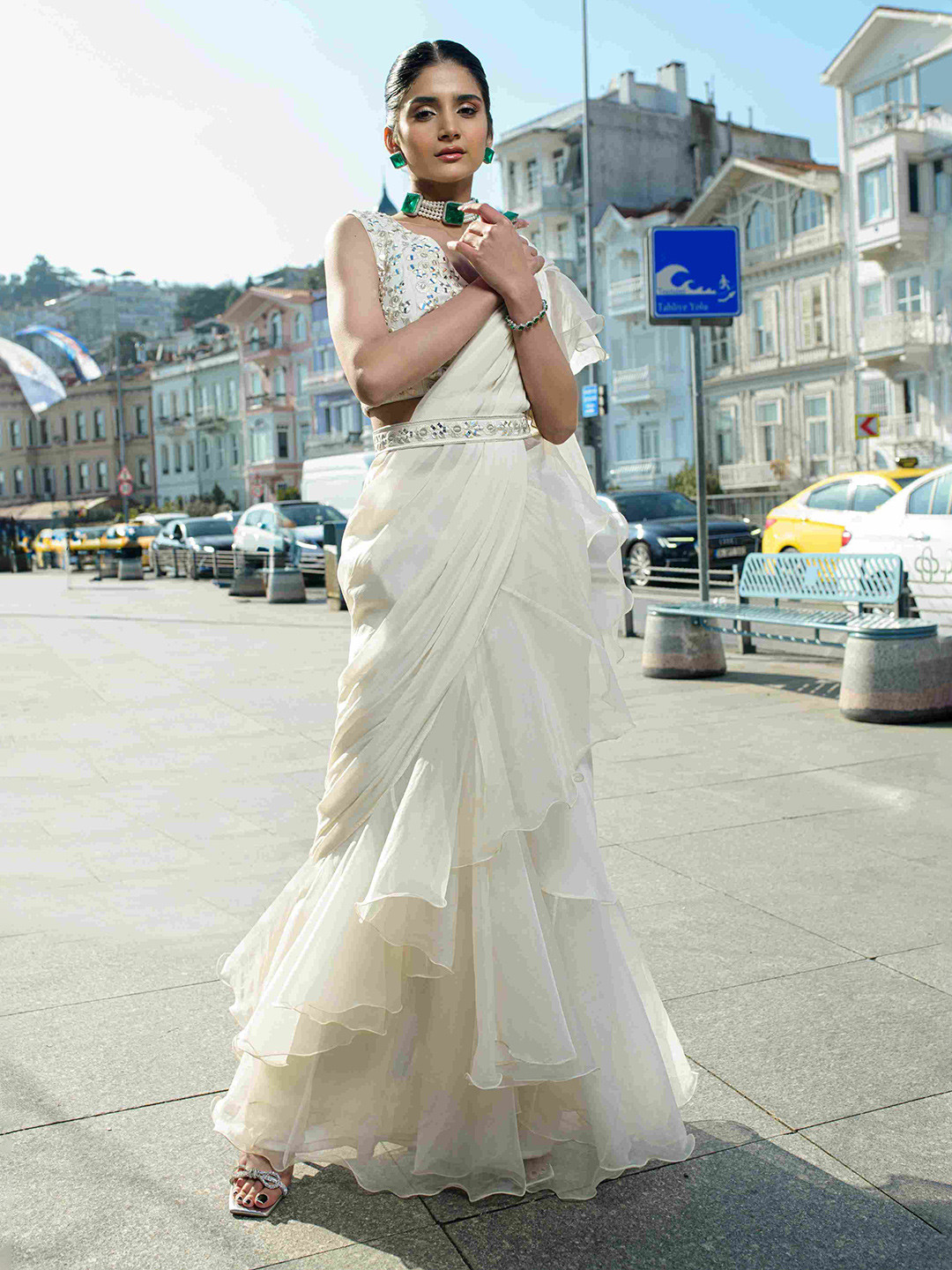 The Front Row Beads and Stones Pure Crepe Ready to Wear Saree