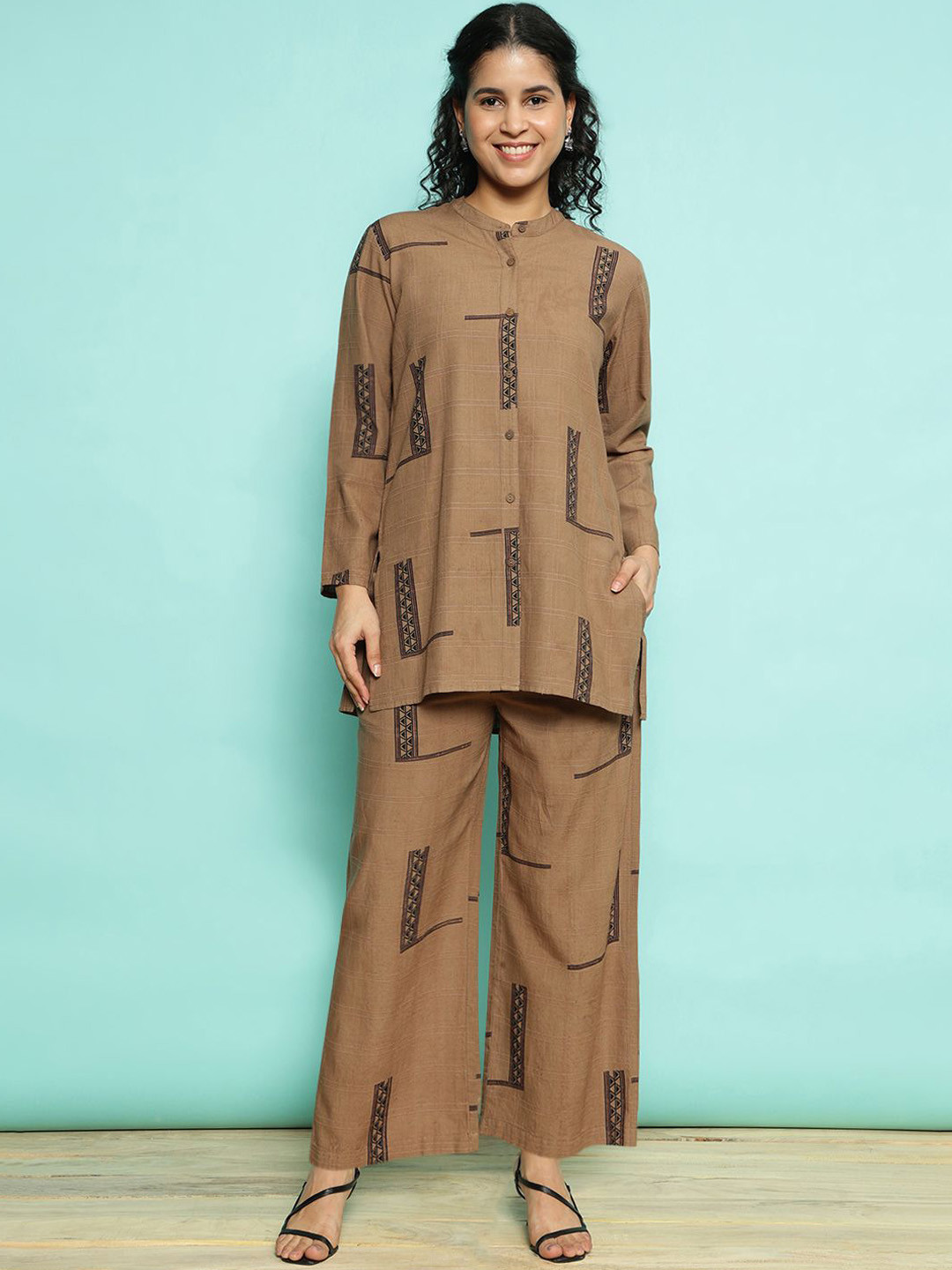 AC&F Printed Pure Cotton Shirt & Palazzo Co-ords