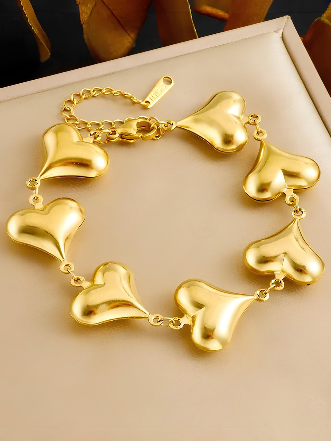 KARISHMA KREATIONS 18K Gold-Plated Stainless Steel Heart Charm Trendy Link Bracelet