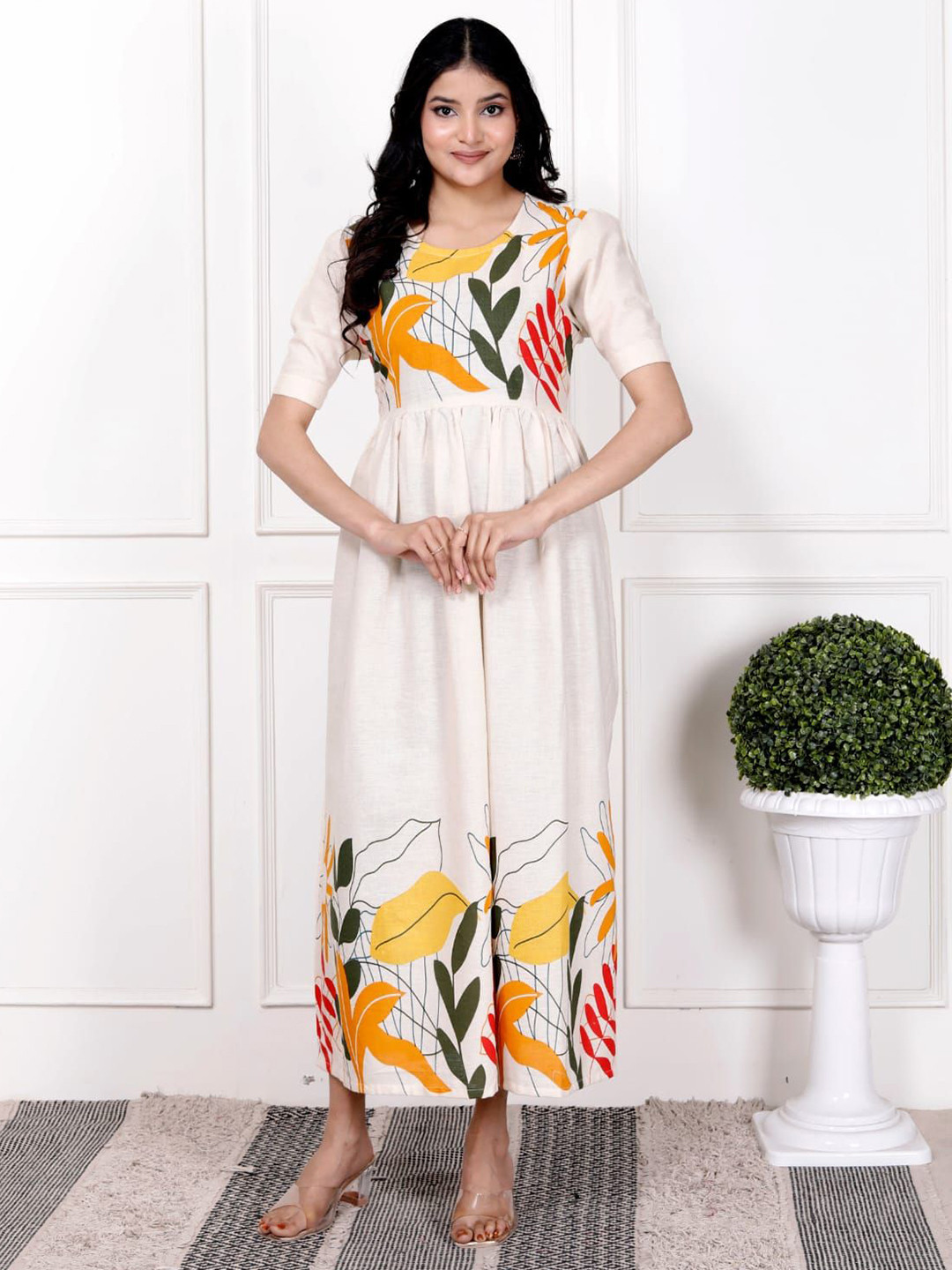 ROZLAND Women Round Neck Printed Cuffed Sleeves Fit & Flare Maxi Dress