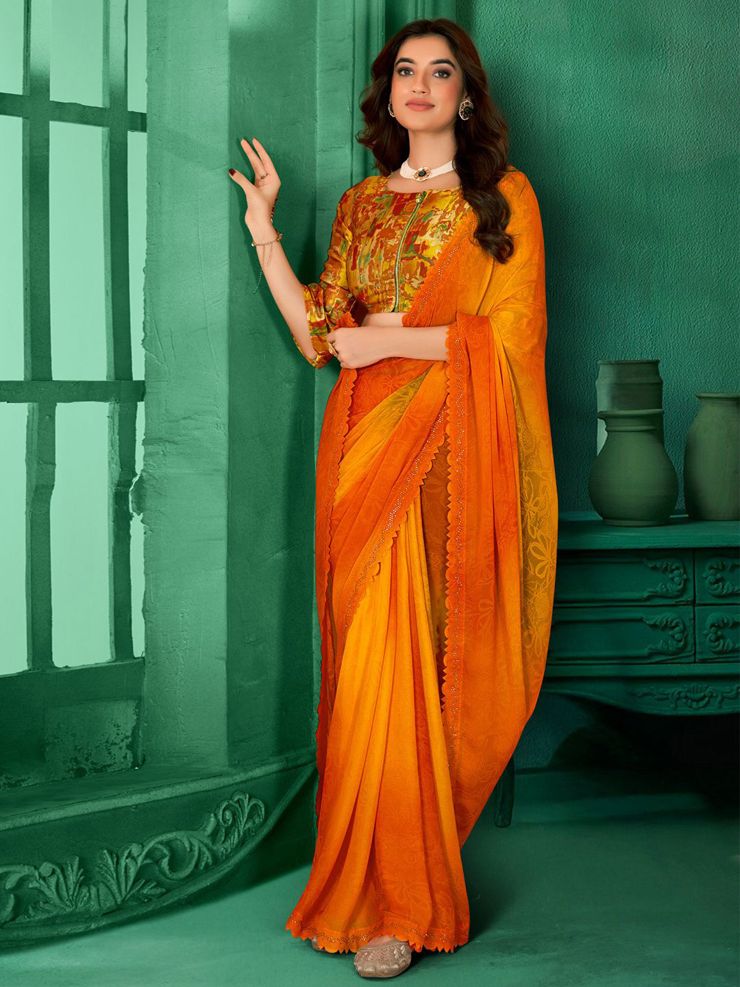 Sangria Printed Party Wear Georgette Saree With Matching Blouse