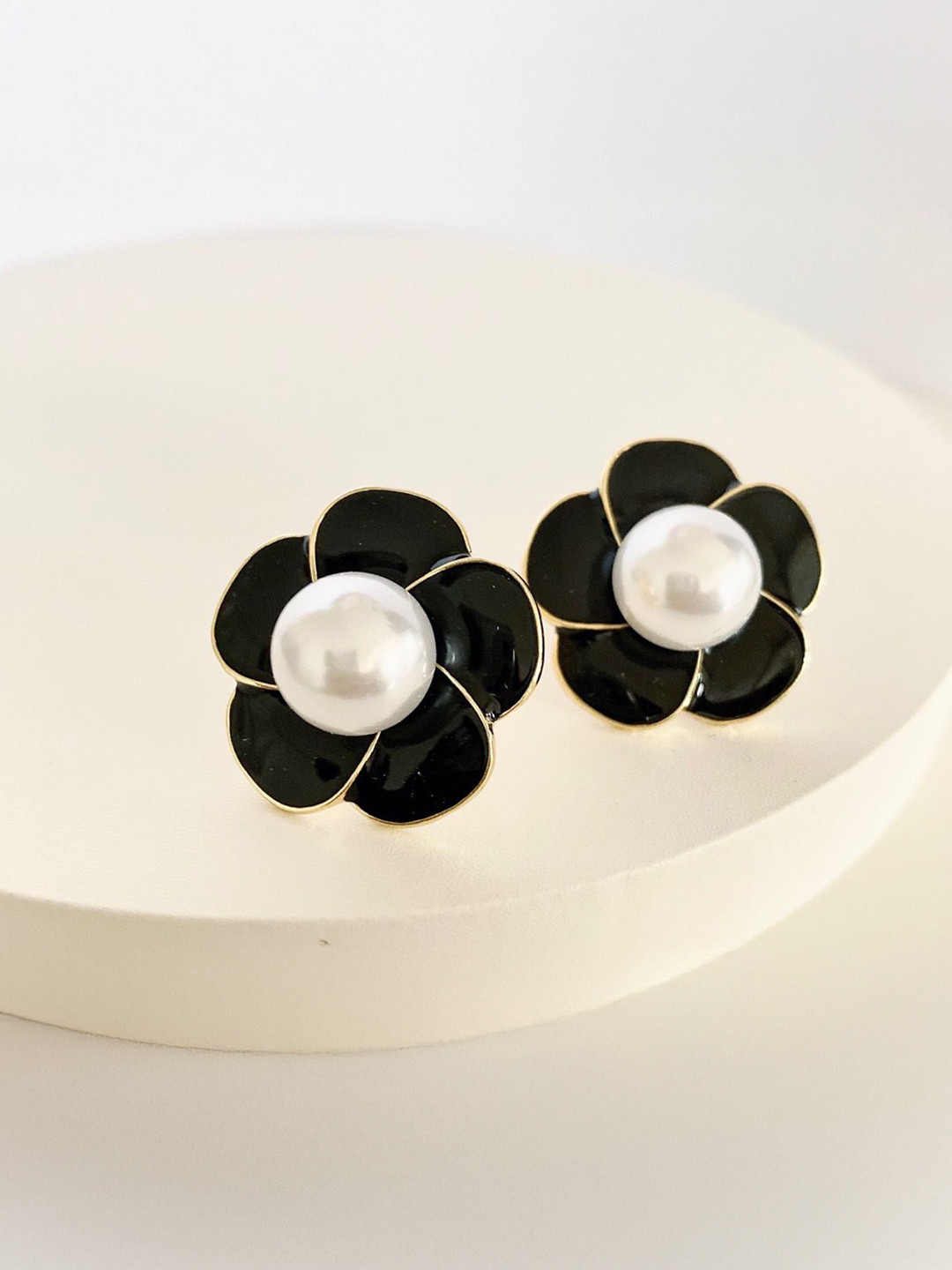 CARIA Stainless Steel Enamel Floral Shaped Pearls Beaded Studs