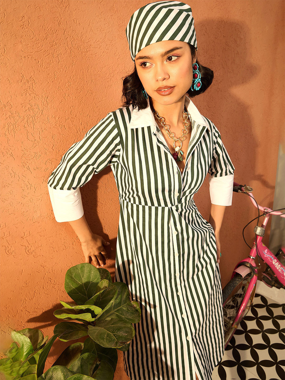 Pink Paprika by SASSAFRAS Women Striped Slits Shirt Collar Cotton A-Line Midi Dress