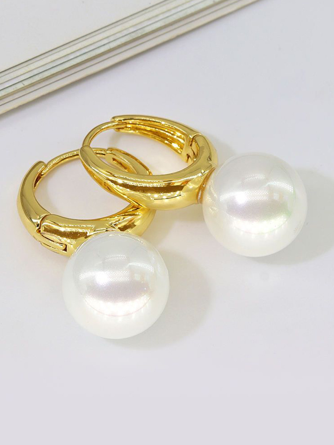CARIA Stainless Steel Gold-Plated Pearls Beaded Spherical Hoops