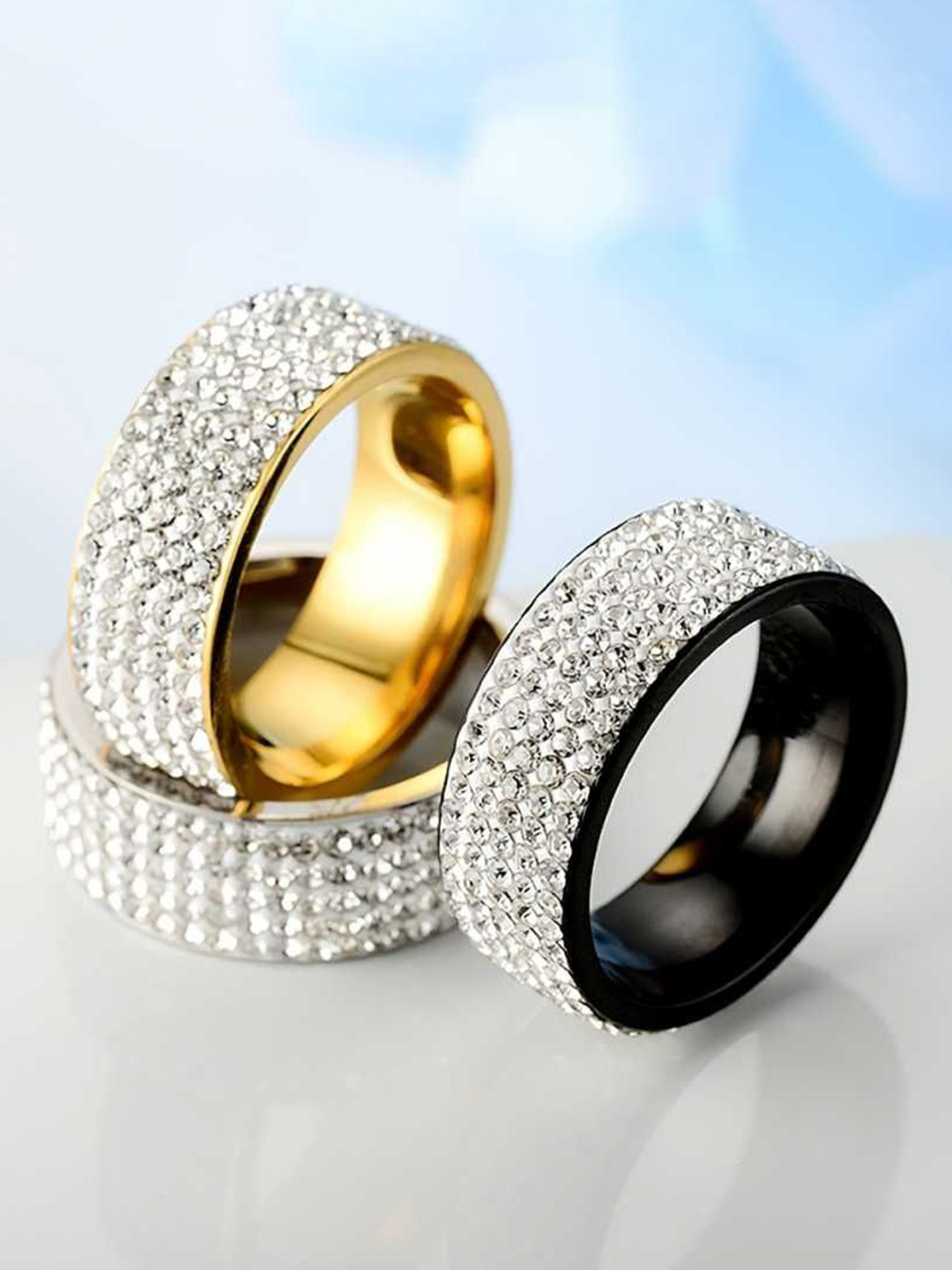 Bling Queen Gold-Plated Cubic Zirconia Studded Wide Band Finger Ring