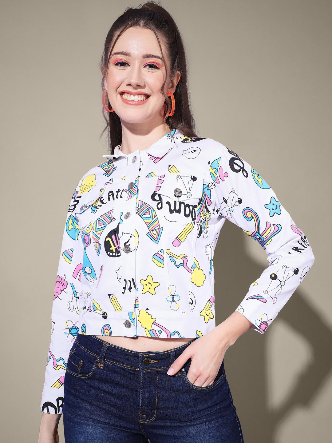 QIOA Toko Twill Conversational Printed Spread Collar Lightweight Denim Jacket