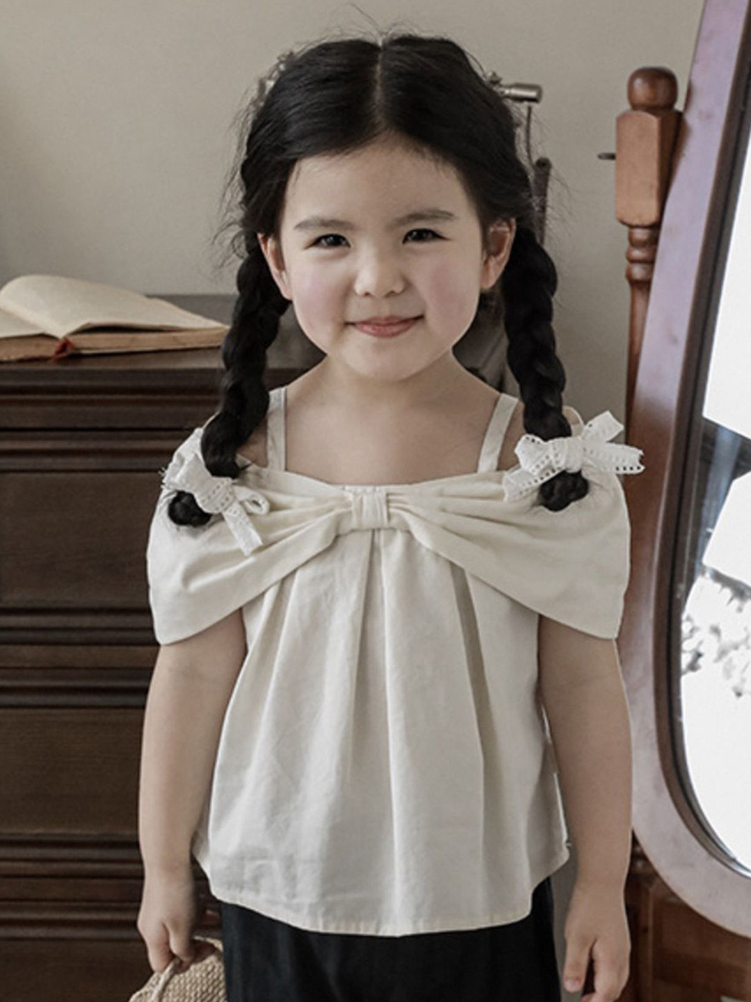 LULU & SKY Girls Cold-Shoulder Pleated Detail Cotton Top