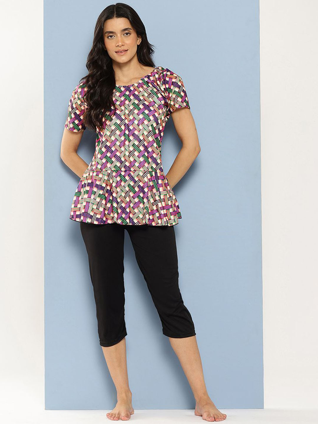 BAESD Checked Round Neck Swim Suit With Goggle