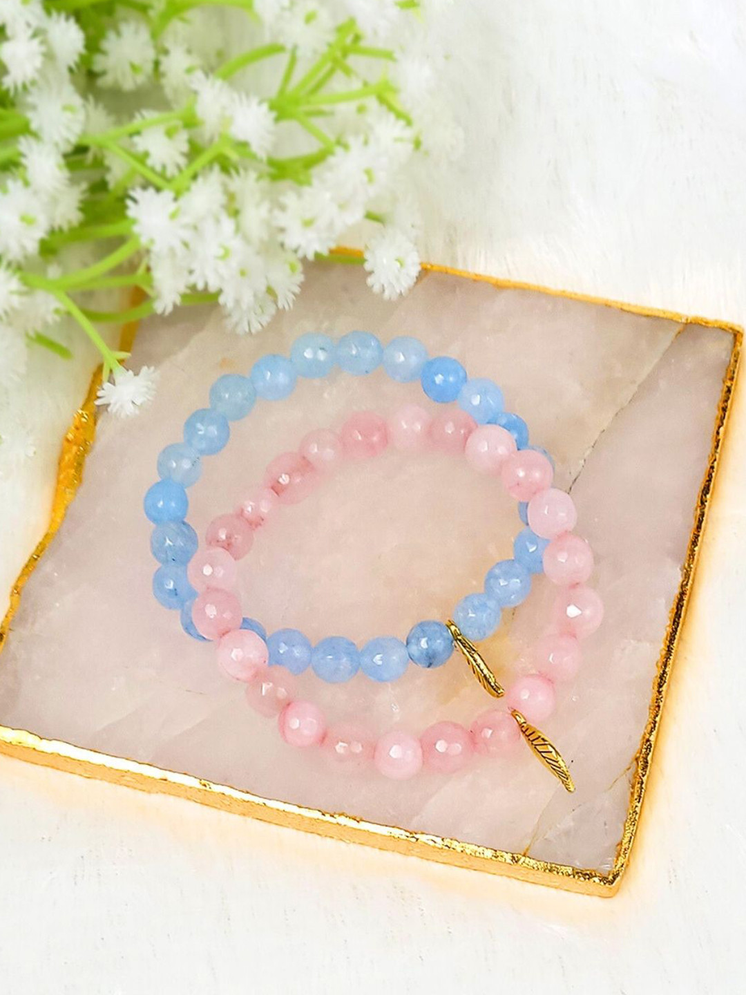 Calminds Set Of 2 Rose Quartz & Aquamarine Bracelets