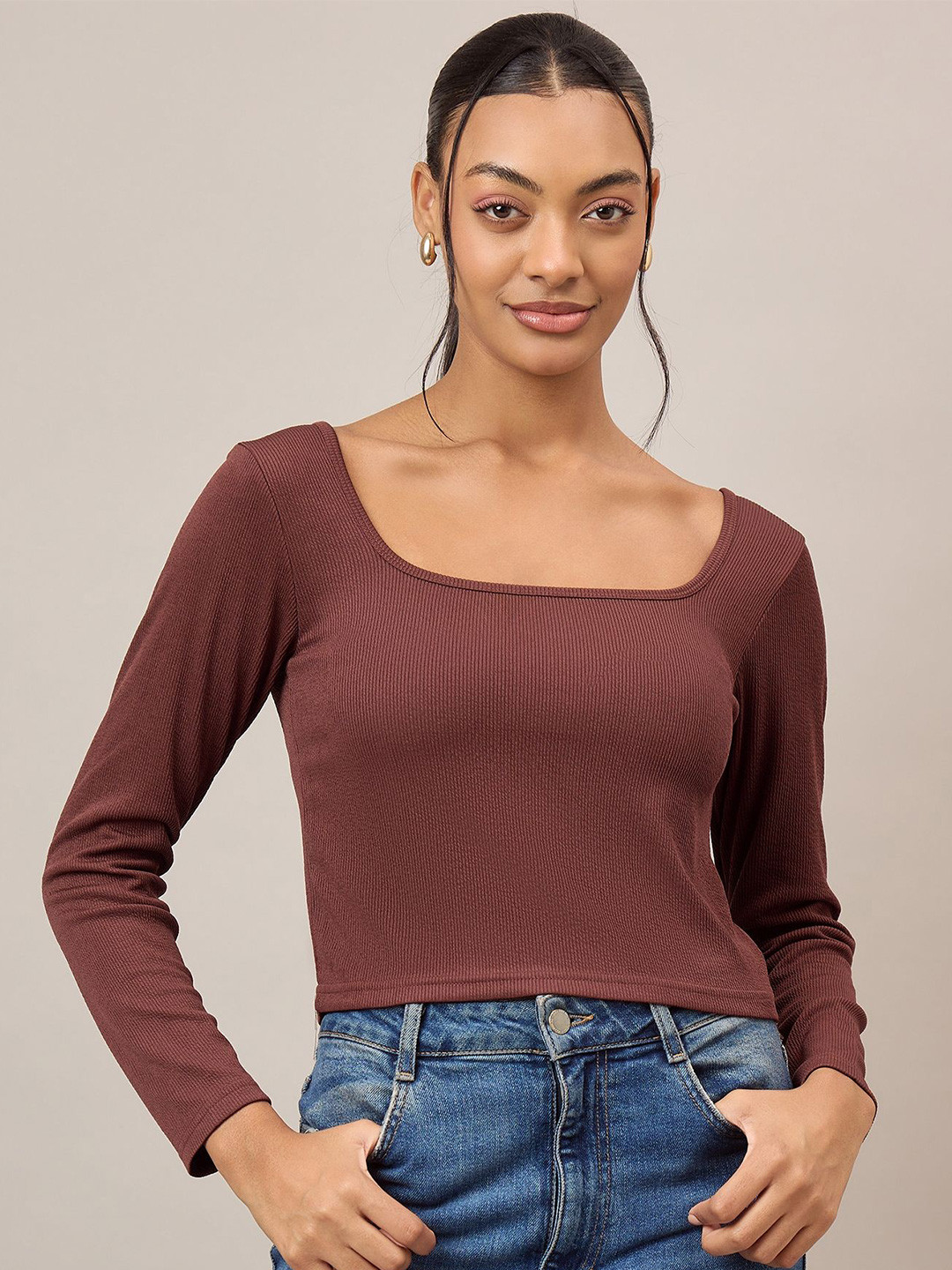 Mayra Women Mocha Mousse Ribbed Square Neck Fitted Crop Top