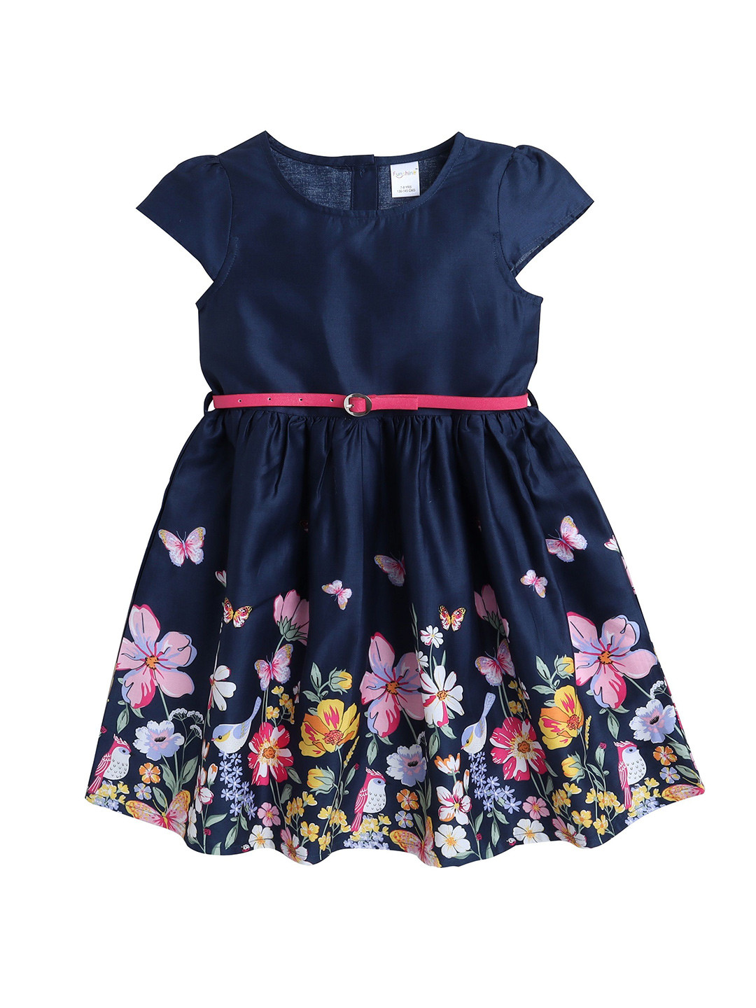 Funshine Girls Cotton Floral Print Navy Dress with Belts