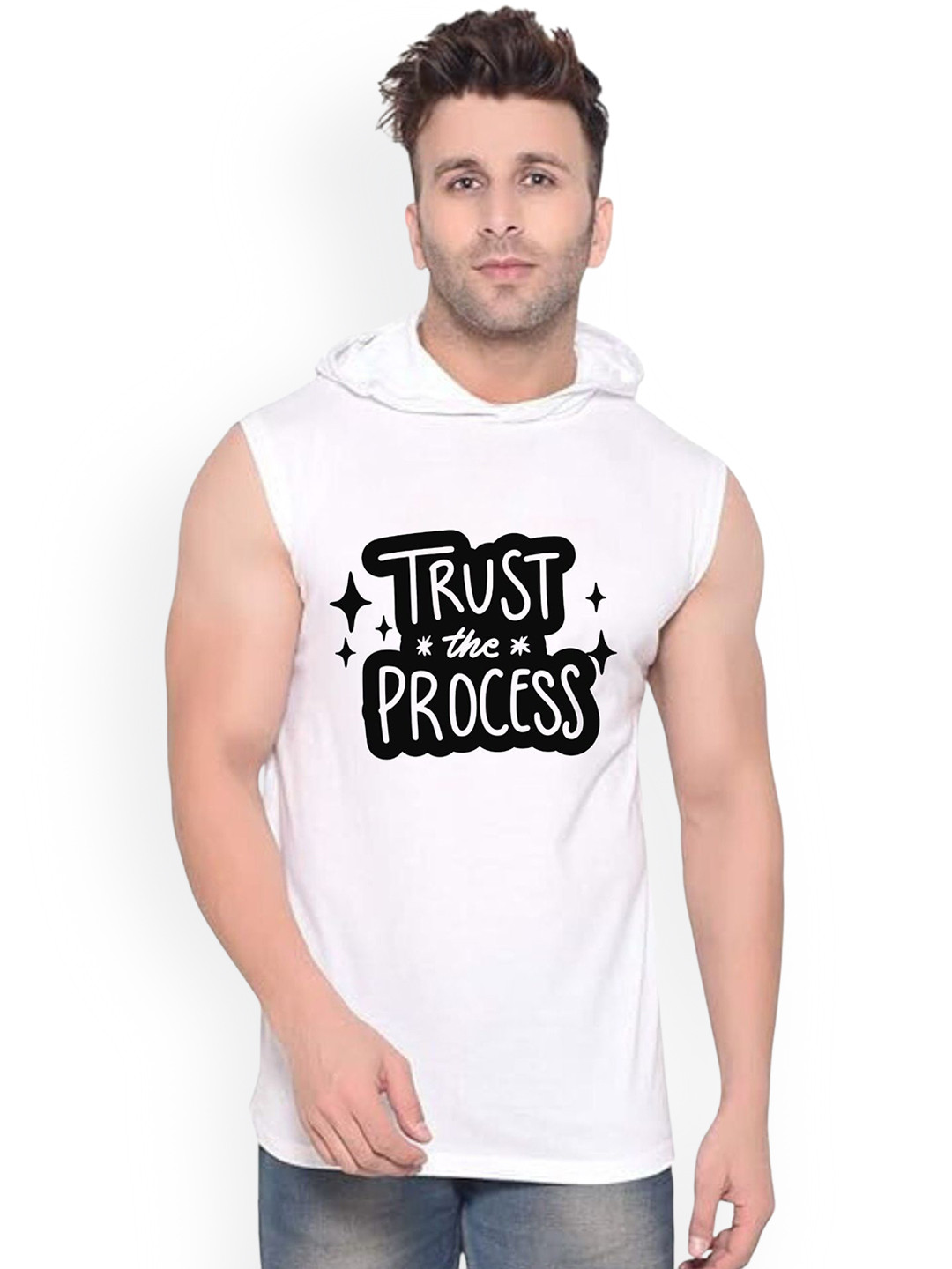 Fashnobic Men trust the process Printed Self Designs Gym Vest White