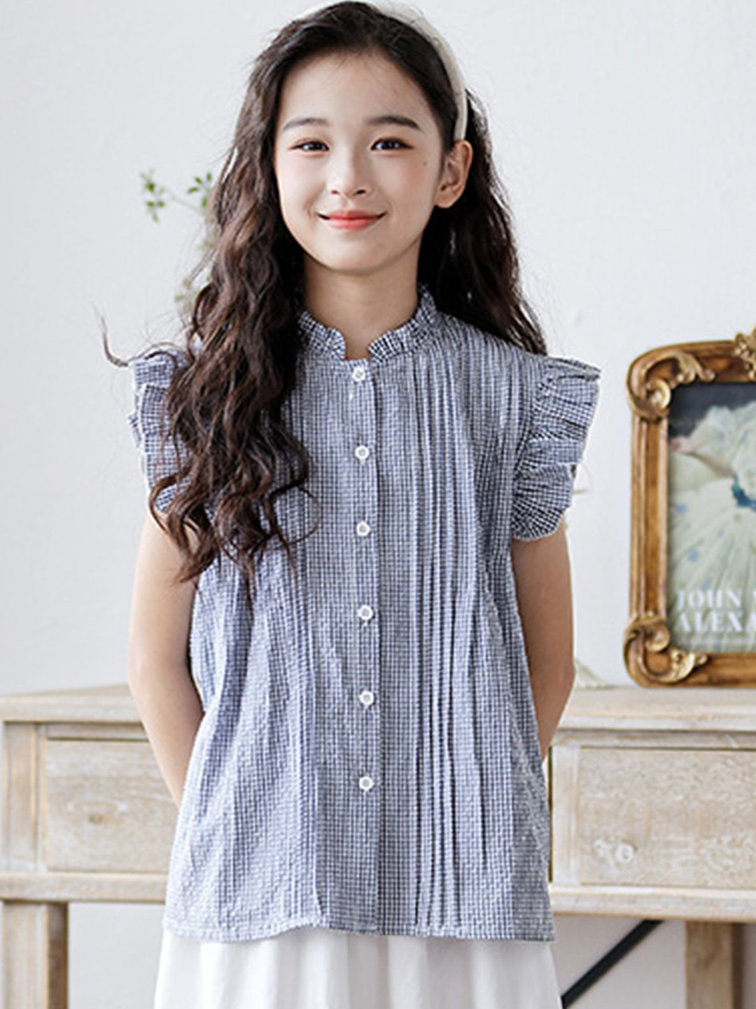 LULU & SKY Girls Micro Checked Flutter Sleeves Shirt