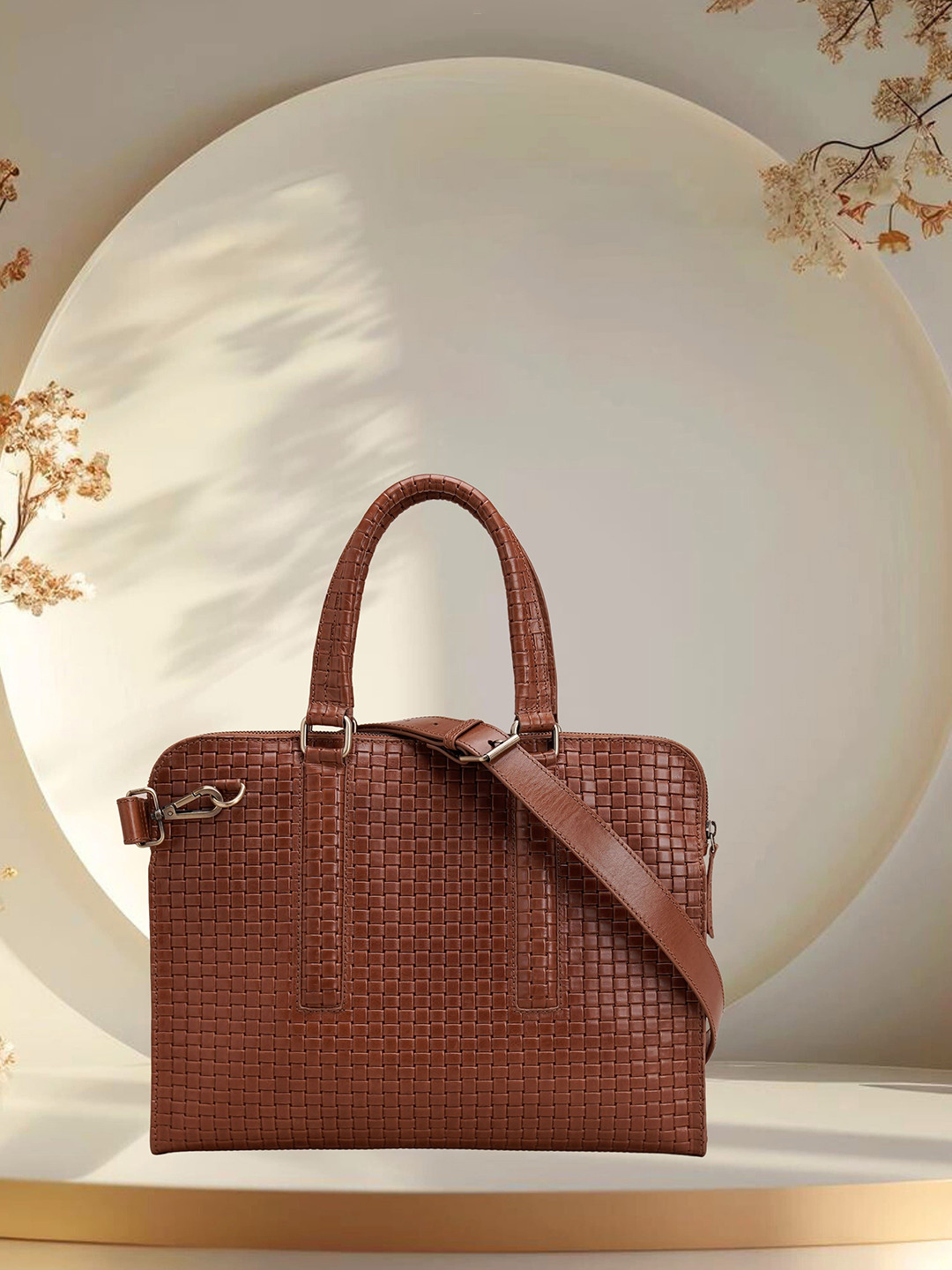 Hidelle Leather Self Design Laptop Bag With Detachable Strap