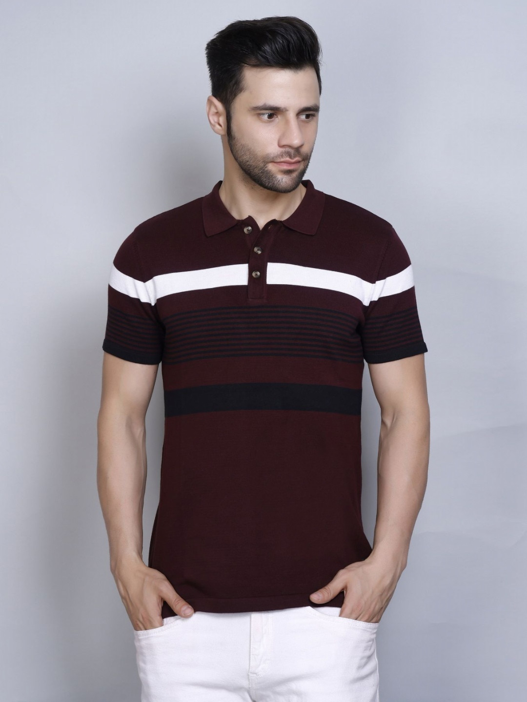 PULAKIN Men Striped Polo Collar Monochrome Pockets T-shirt