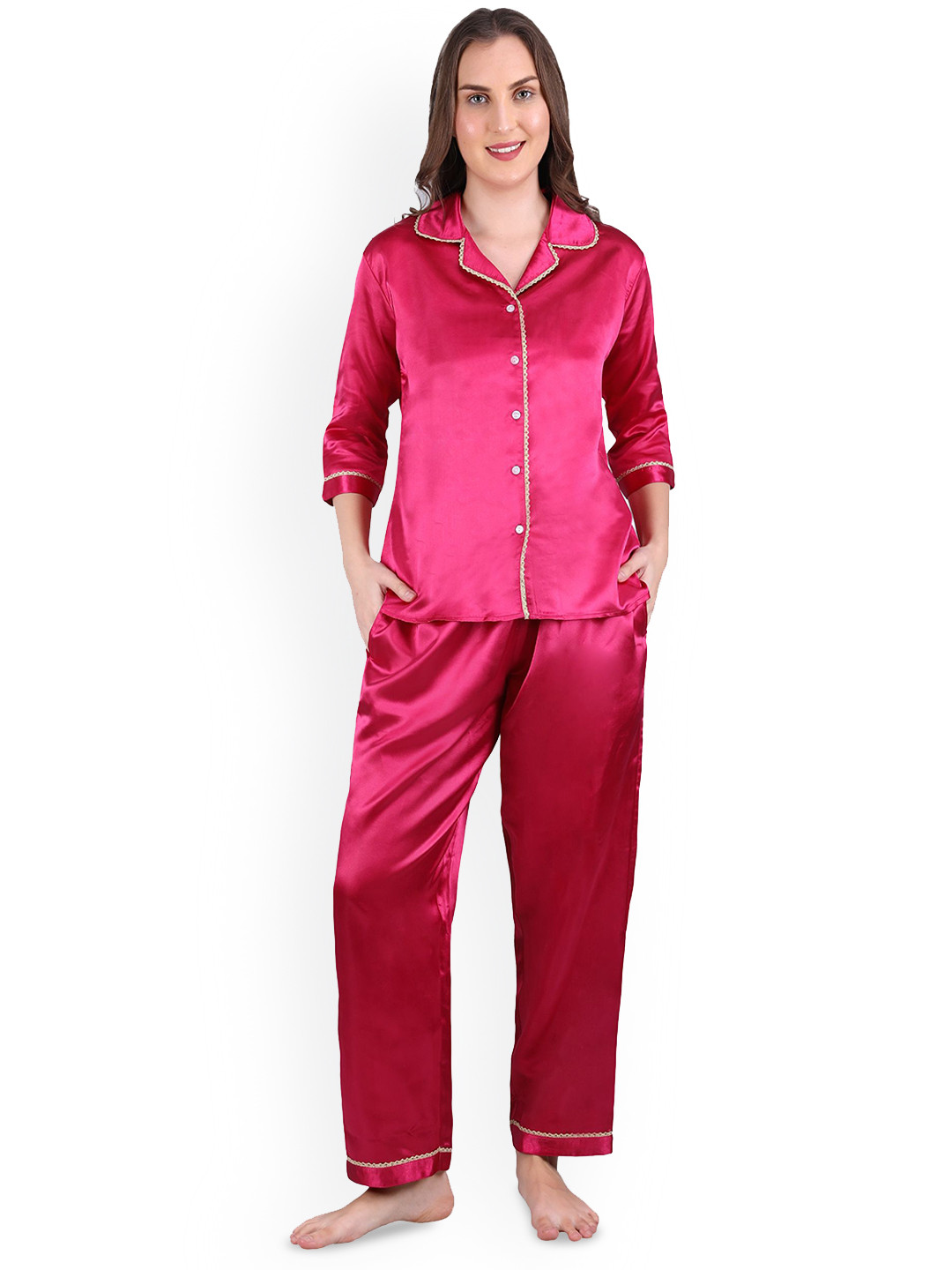 WOEMUR Women Lapel Collar Satin Shirt & Pyjamas Night suit