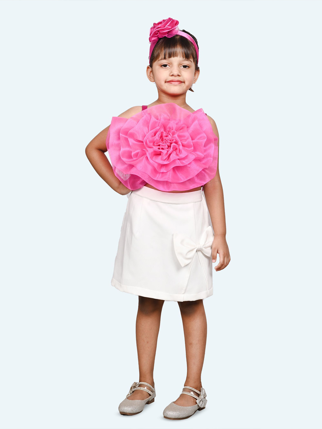 Modish Girls Floral Patch Work Shoulder Straps Top With Skirt