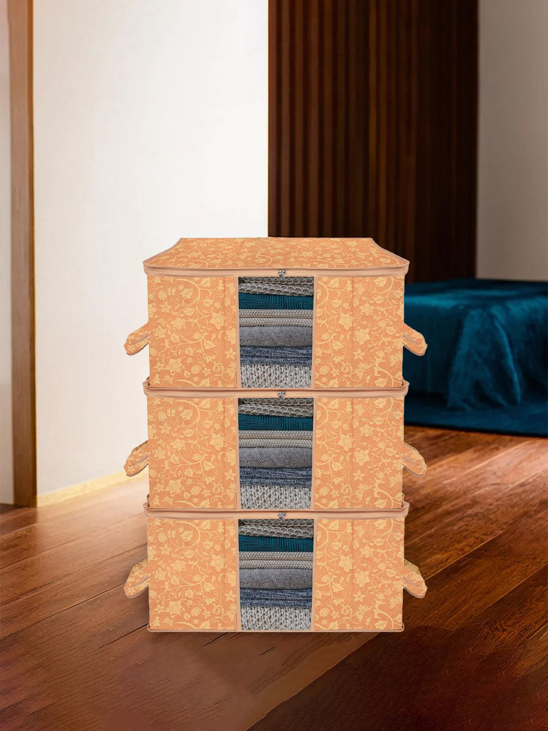 Kuber Industries Beige 3 Pieces Floral Printed Drawer Organisers With Handle