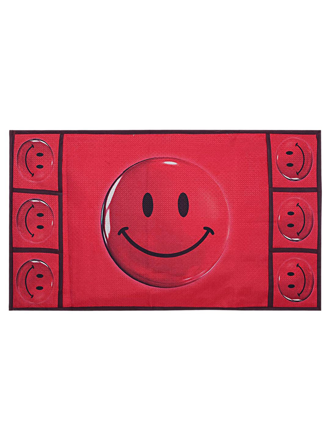 Kuber Industries Pink Smiley Print Jute Fridge Top Cover With 6 Utility Side Pockets