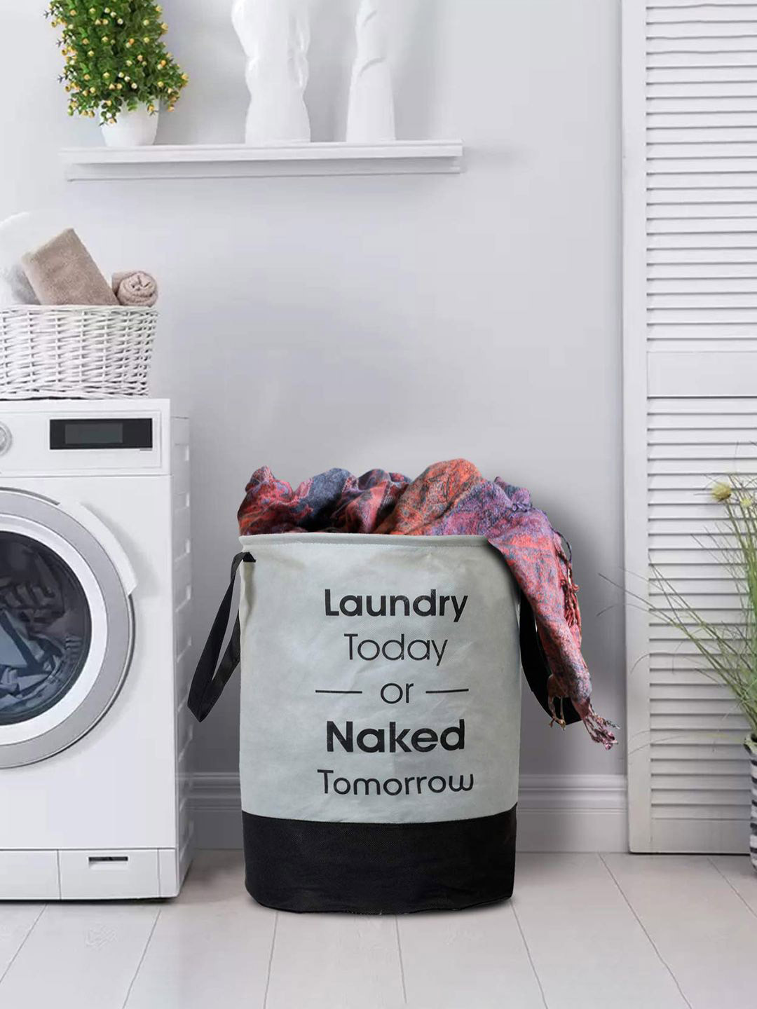 Kuber Industries Grey & Black Round Non Woven Fabric Foldable Laundry Basket - 45 L