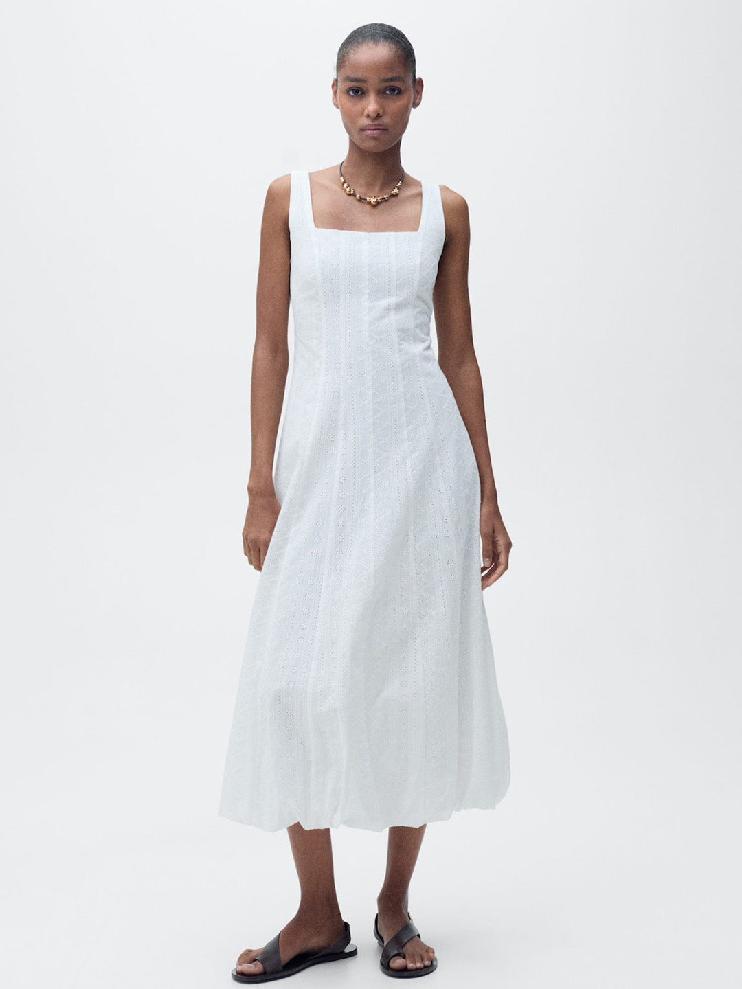 MANGO Schiffli Design Shoulder Straps Seamed A-Line Midi Dress with Puffed Hem