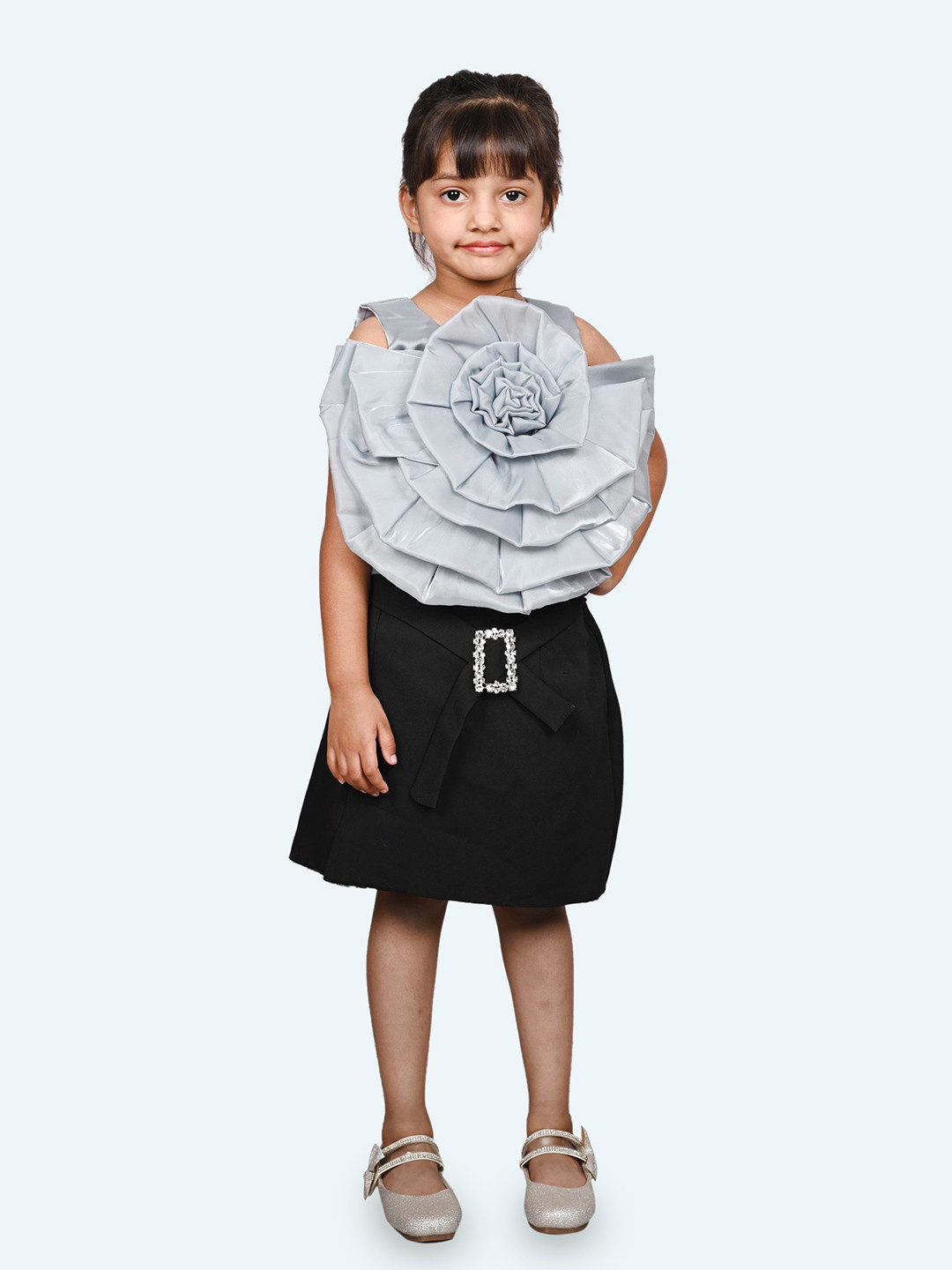 Modish Girls Floral Patch Work Round Neck Top With Skirt