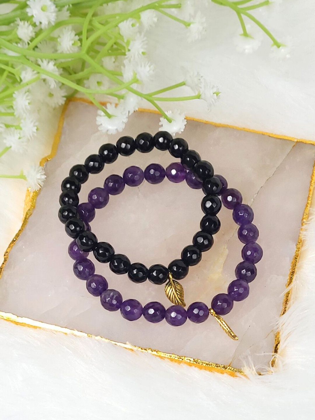 Calminds Set Of 2 Black Tourmaline Amethyst Crystal Bracelets