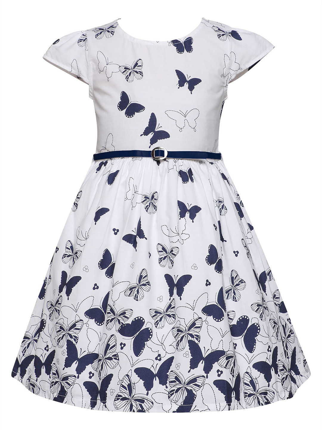 Funshine Girls Cotton Butterfly Print White Dress with Belt