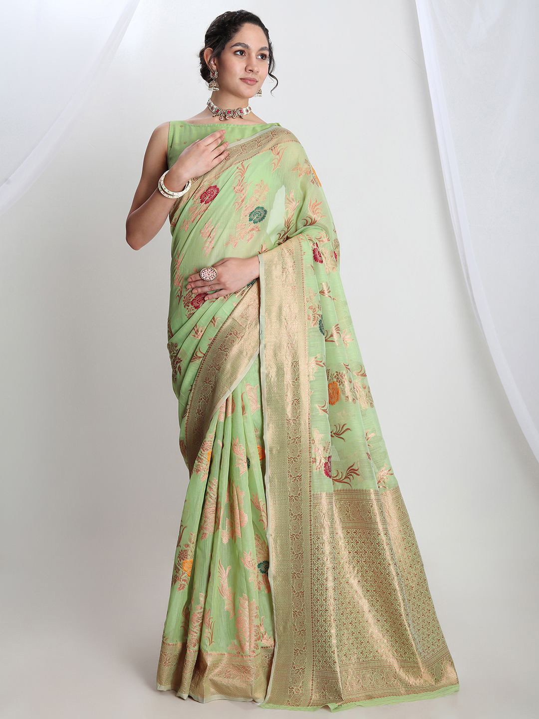 Janasya Women Light Green Linen Blend Floral Woven Design Jacquard Saree