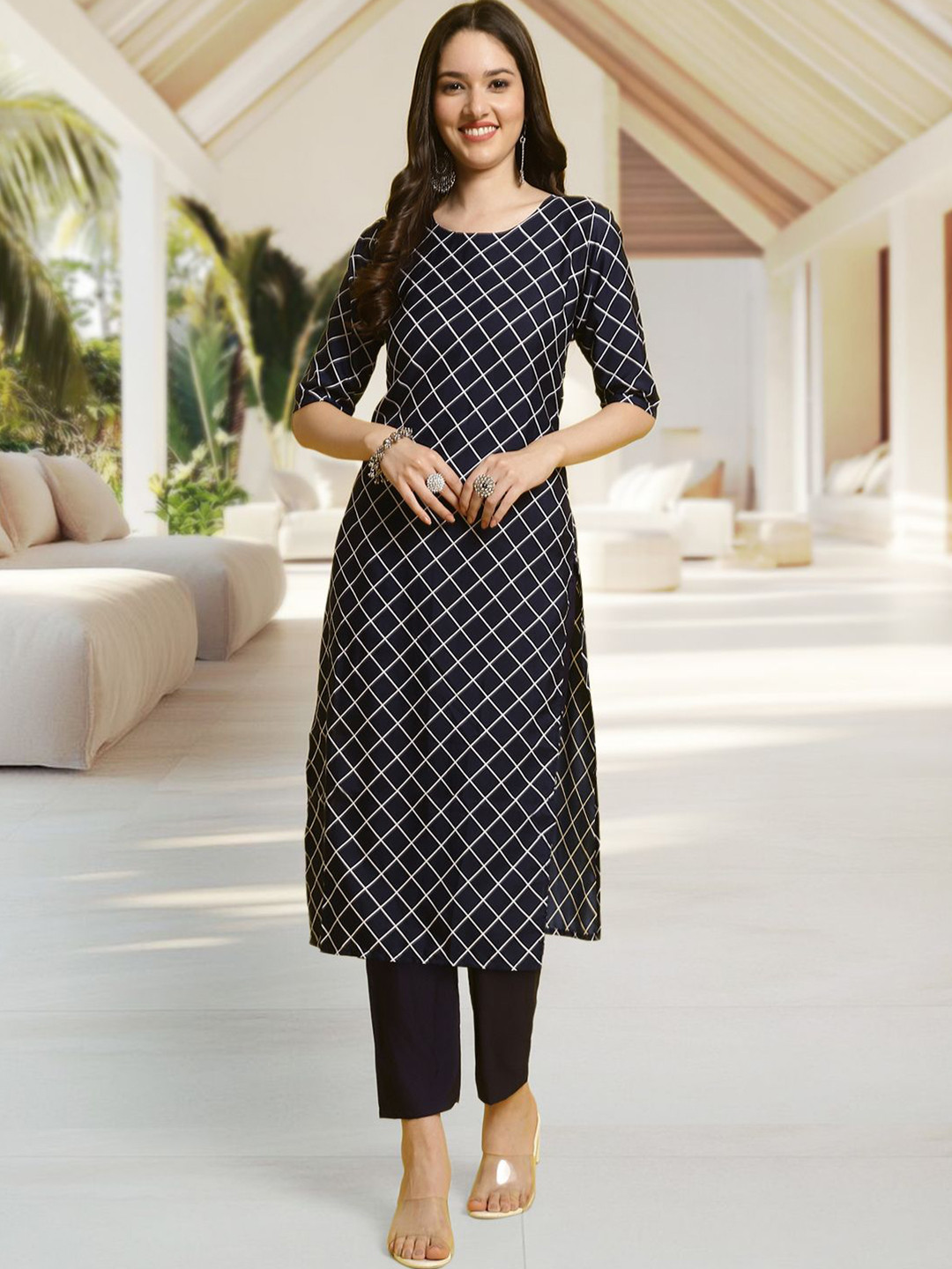 HERE&NOW Checked Round Neck Straight Kurta