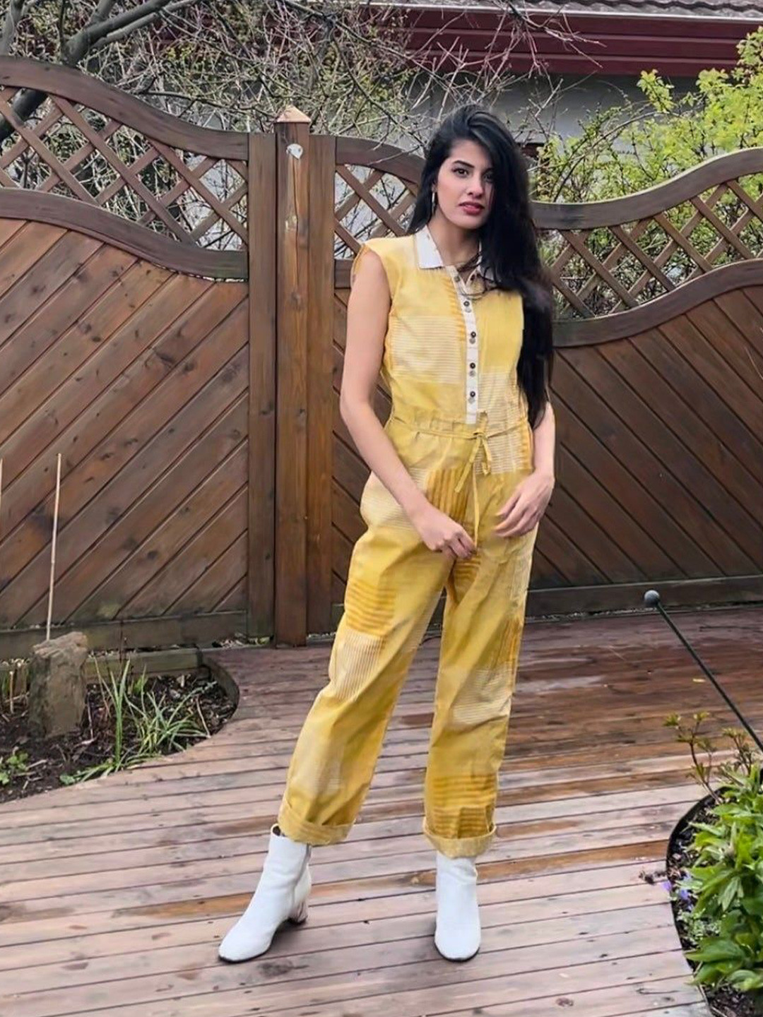 Banana Labs Printed Shirt Collar Cotton Basic Jumpsuit