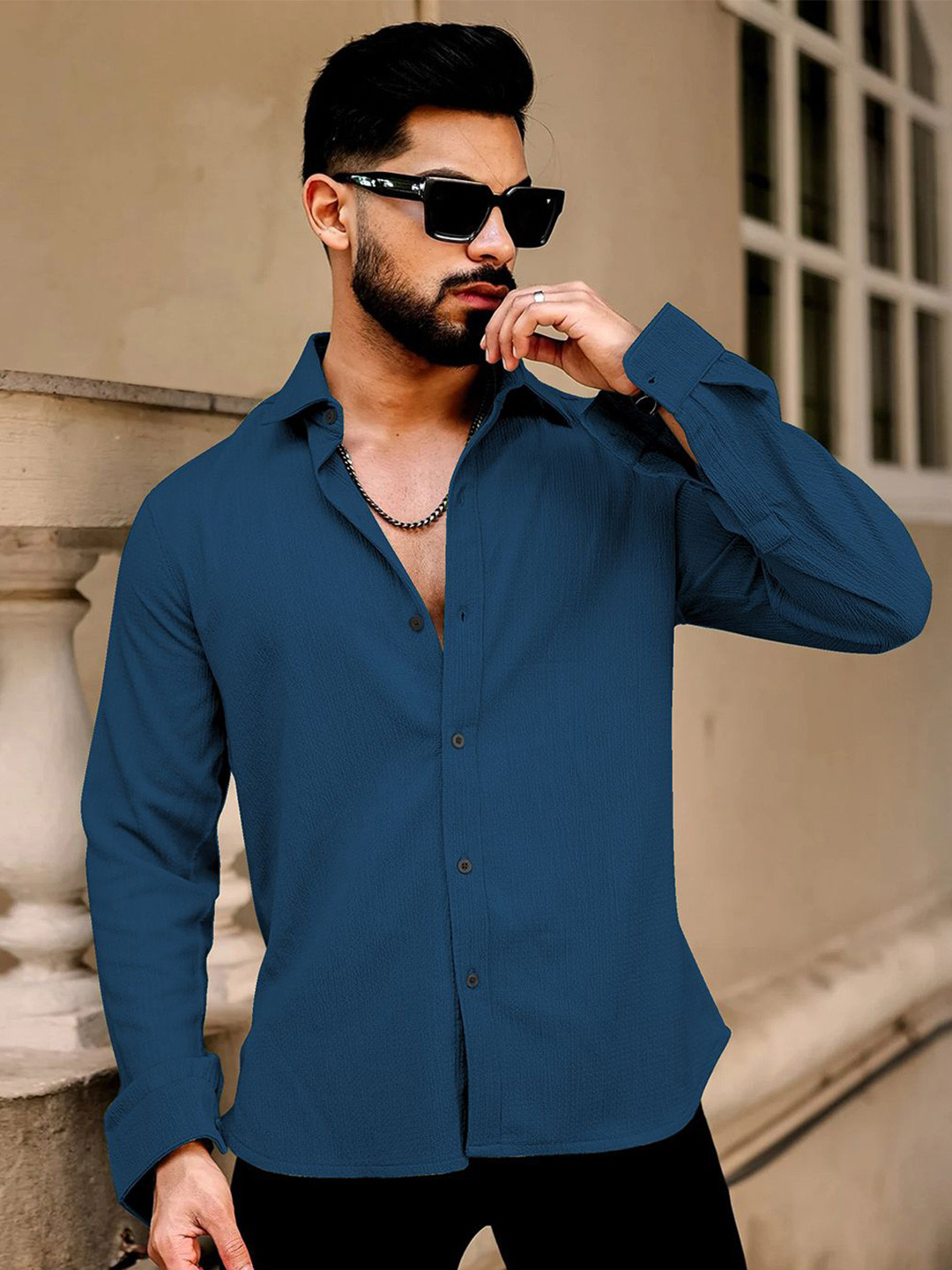 SZN Textured Spread Collar Long Sleeves Standard Casual Shirt