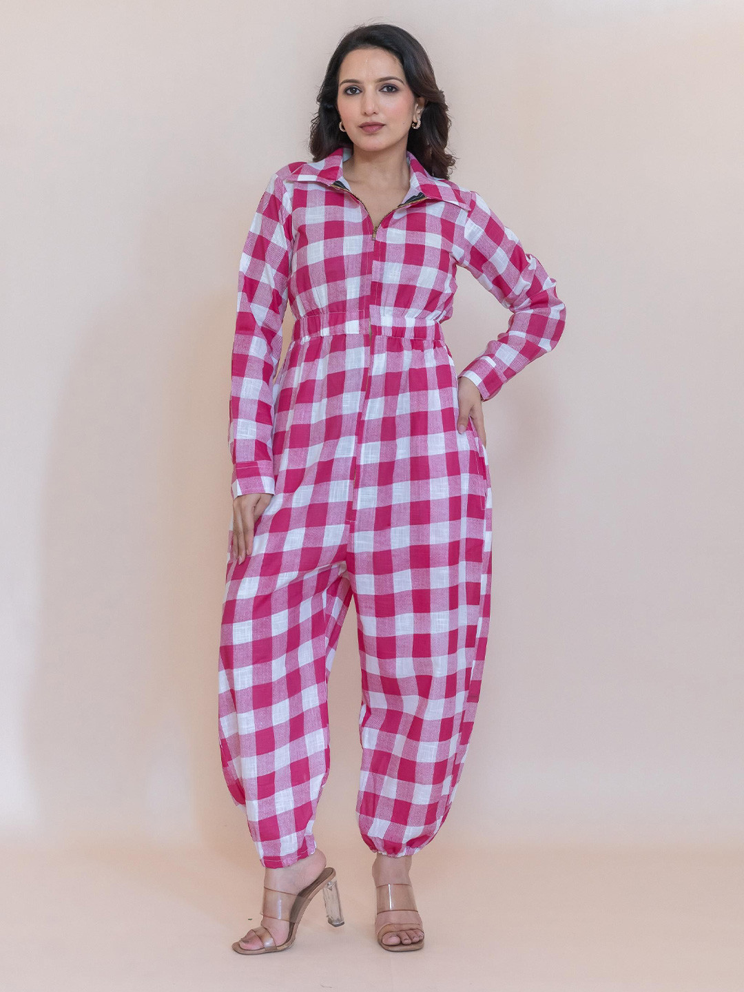 SUKITI Checked Basic Shirt Collar Long Sleeves Cotton Jumpsuit