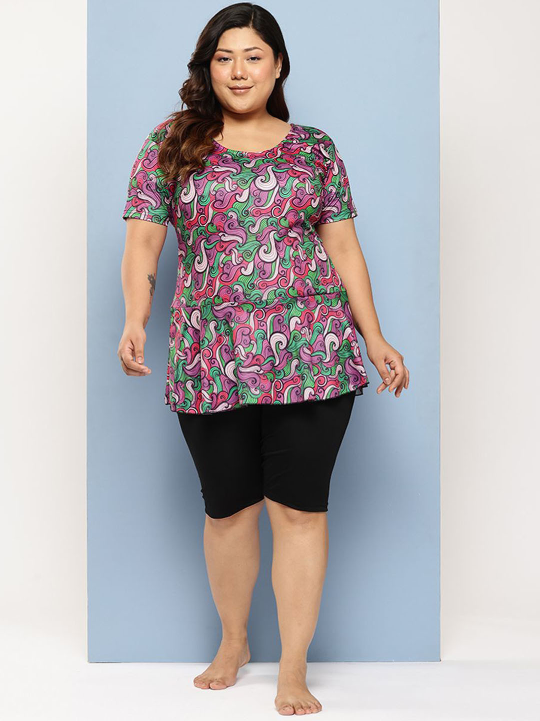 Aarika Abstract Printed Plus Size Swim Suit With Goggle