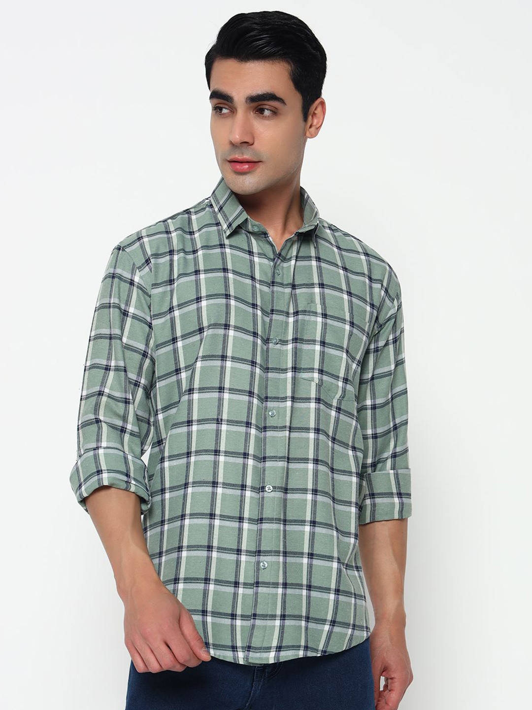 BUSCOTT Men Tartan Checks Semi Sheer Checked Party Shirt