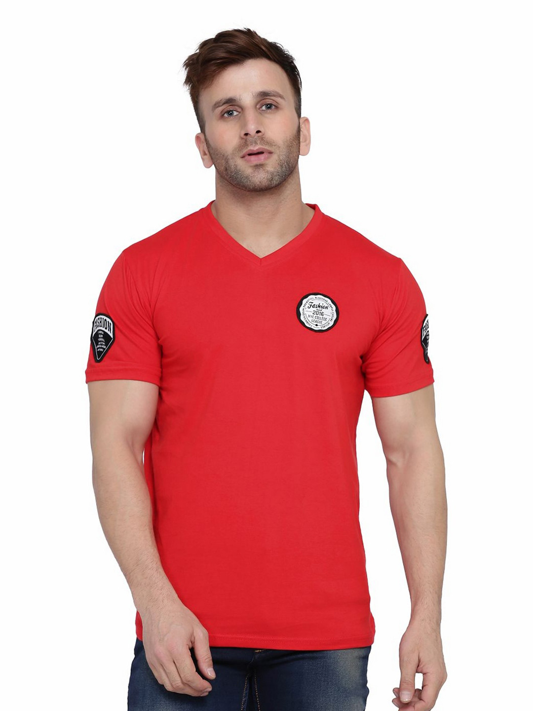 Blisstone Men Solid Embroidered V-Neck Slim Fit T-shirt
