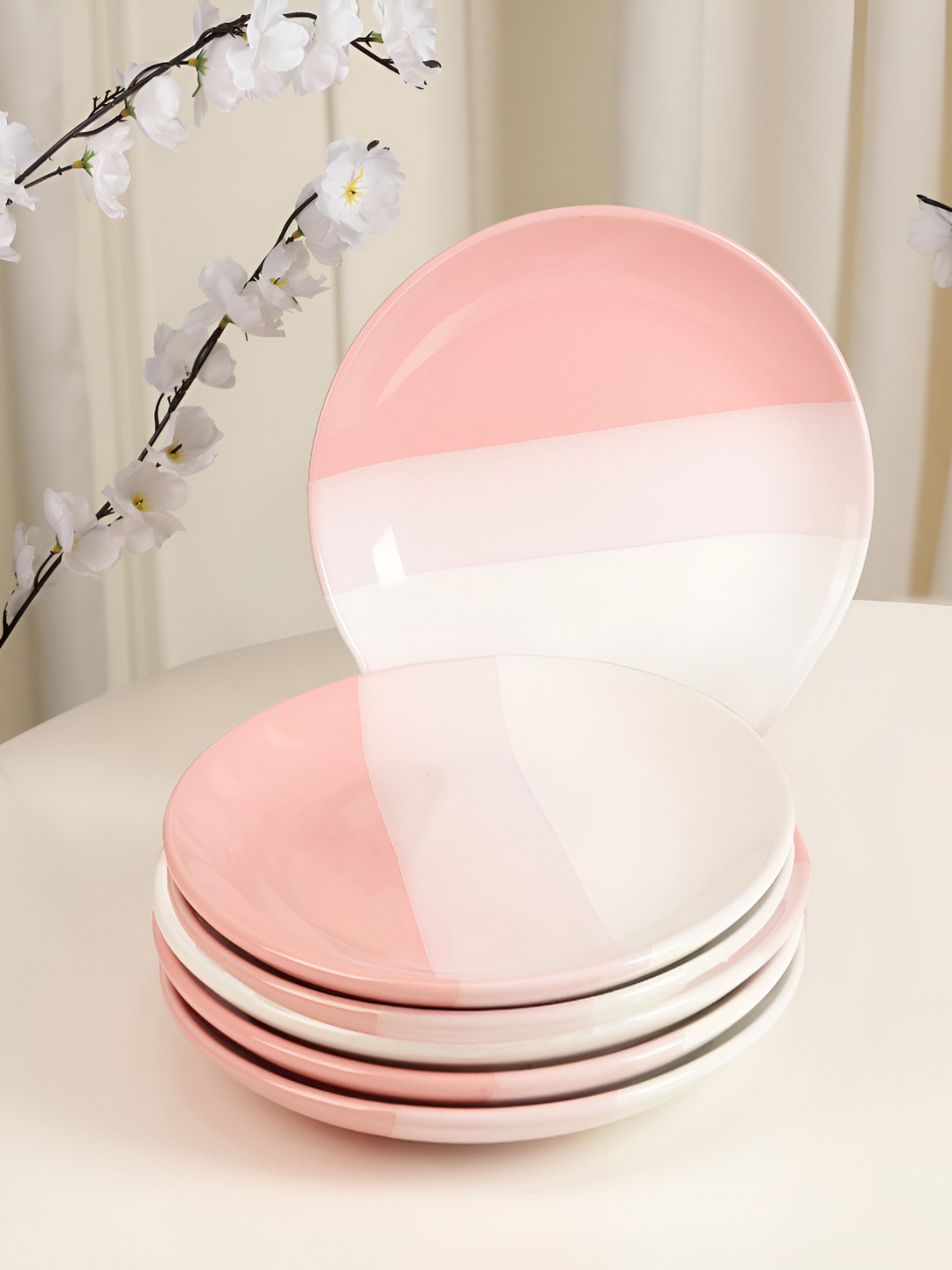 THE WHITE SPACE LIVING Pink 6 Pieces Ceramic Dishwasher and Microwave Safe Plates