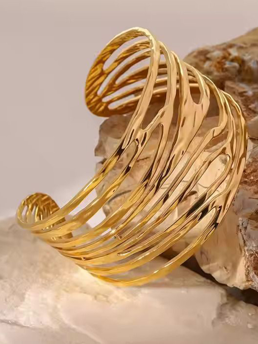 SHARLEEZ 18KT Gold-Plated Stainless Steel Waterproof Irregular Lines Open Cuff Bracelet