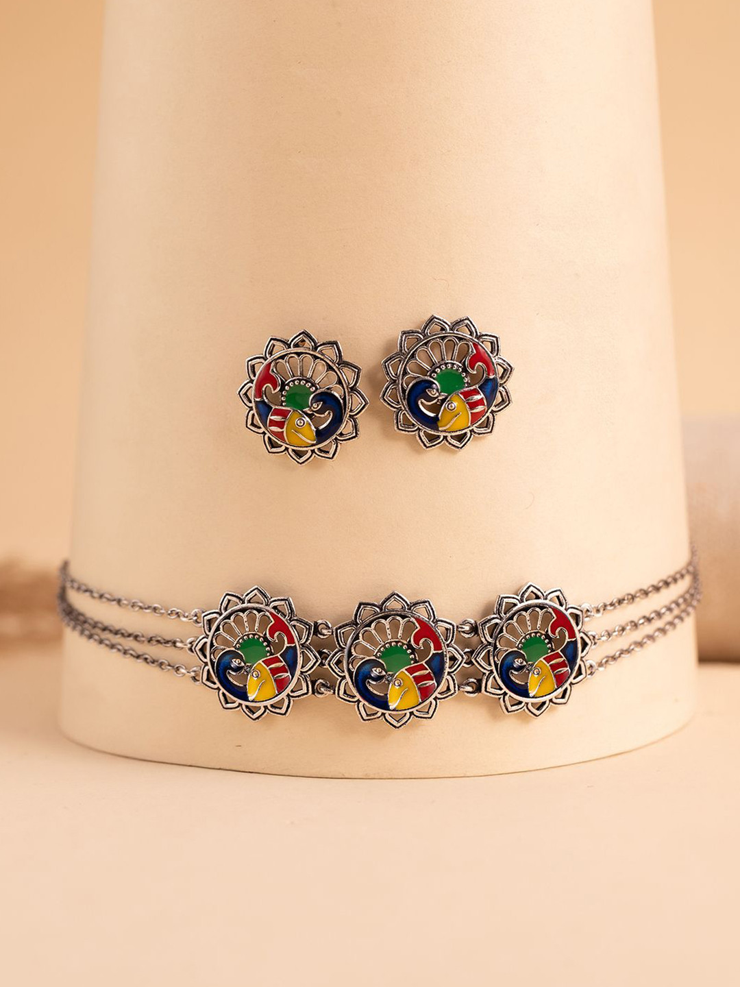 Madhubani Matsya Mayur Oxidised Enamel Choker Necklace Set