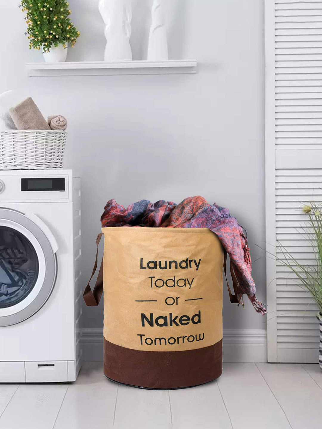 Kuber Industries Beige & Brown Round Non Woven Fabric Foldable Laundry Basket - 45 L