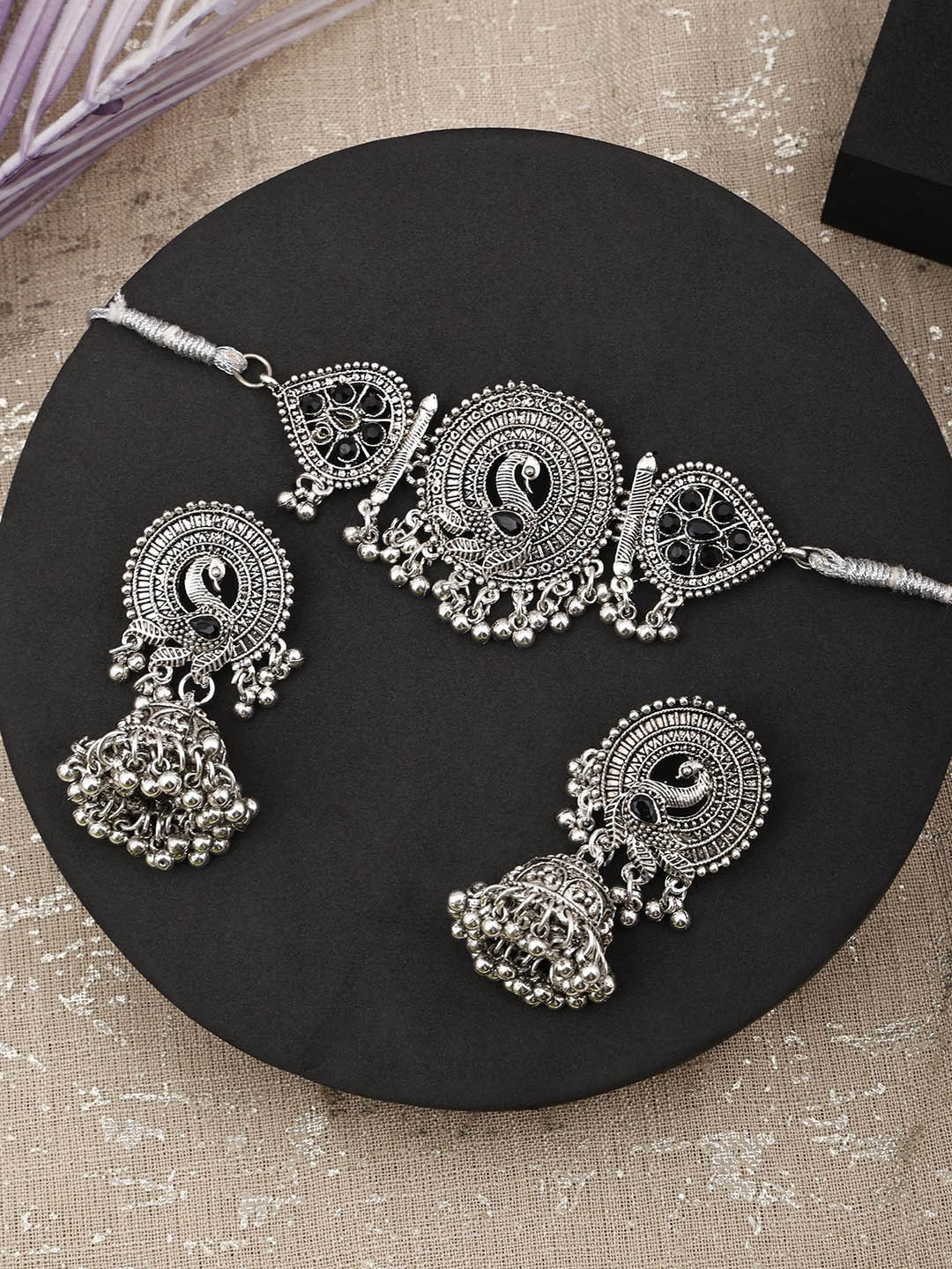 Sangria Stone-Studded & Beaded Peacock Round Jewellery Set