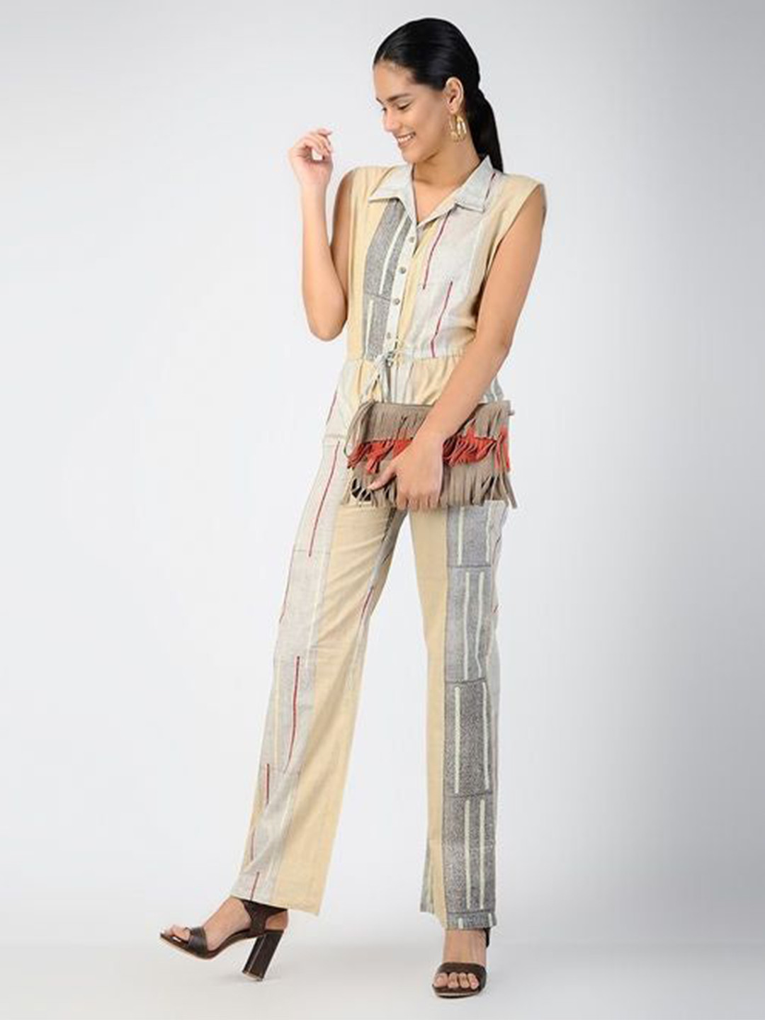 Banana Labs Striped Shirt Collar Cotton Basic Jumpsuit