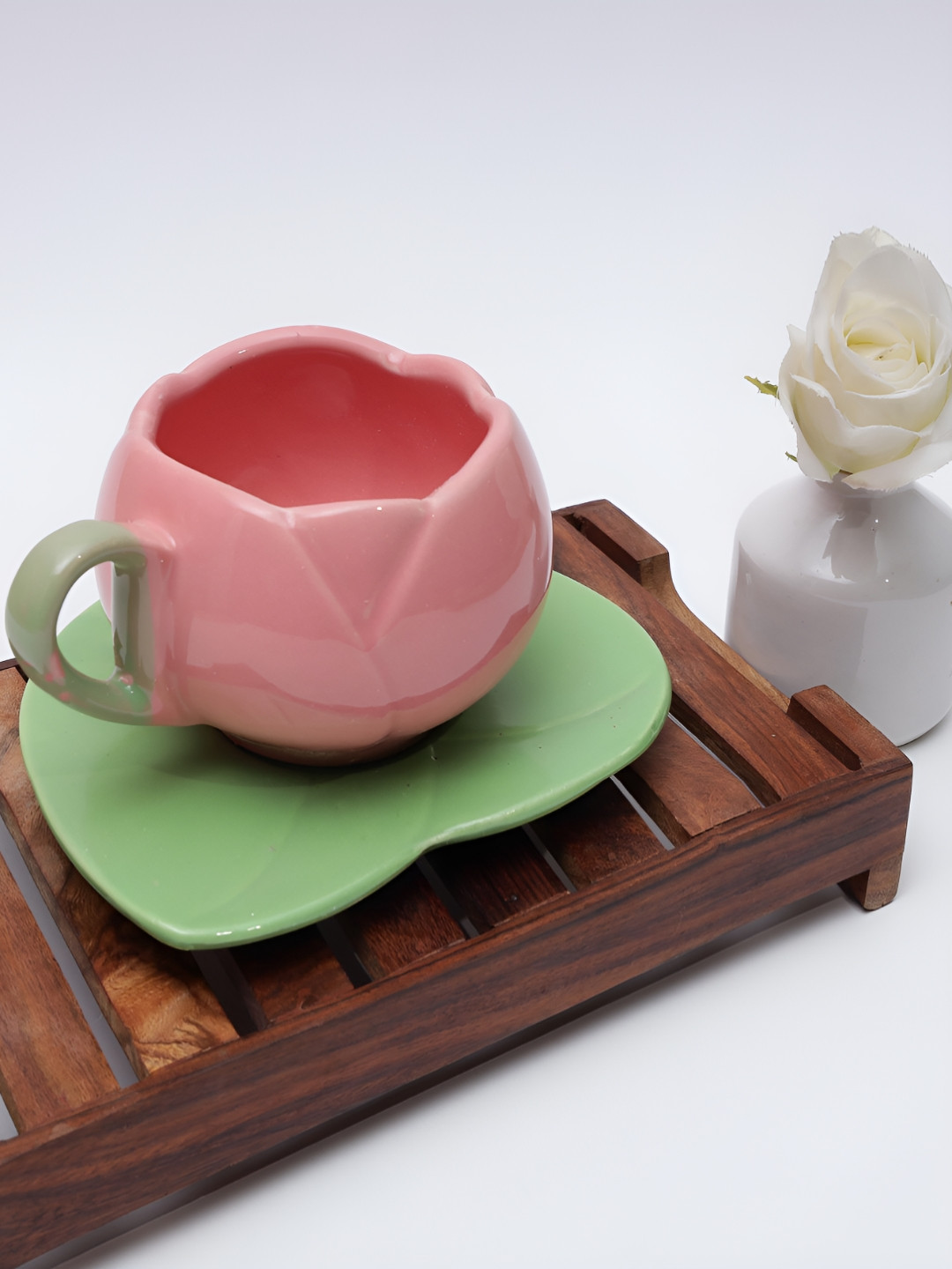 THE WHITE SPACE LIVING Pink & Green 3D Tulip Cup And Saucer Set-350ml