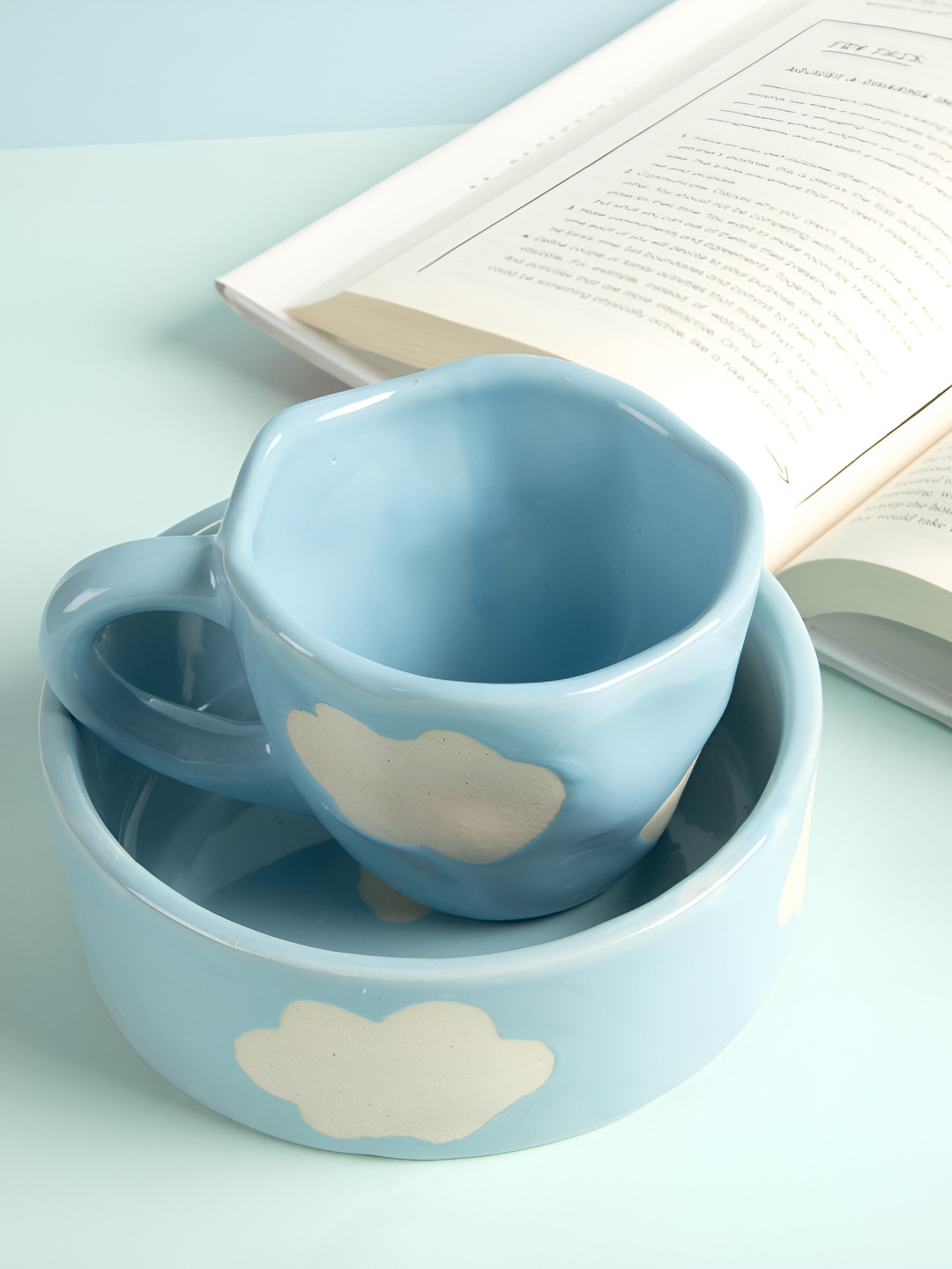 THE WHITE SPACE LIVING Blue 2 Pieces Printed Cloud Mug & Snack Bowl Set - 240 ml