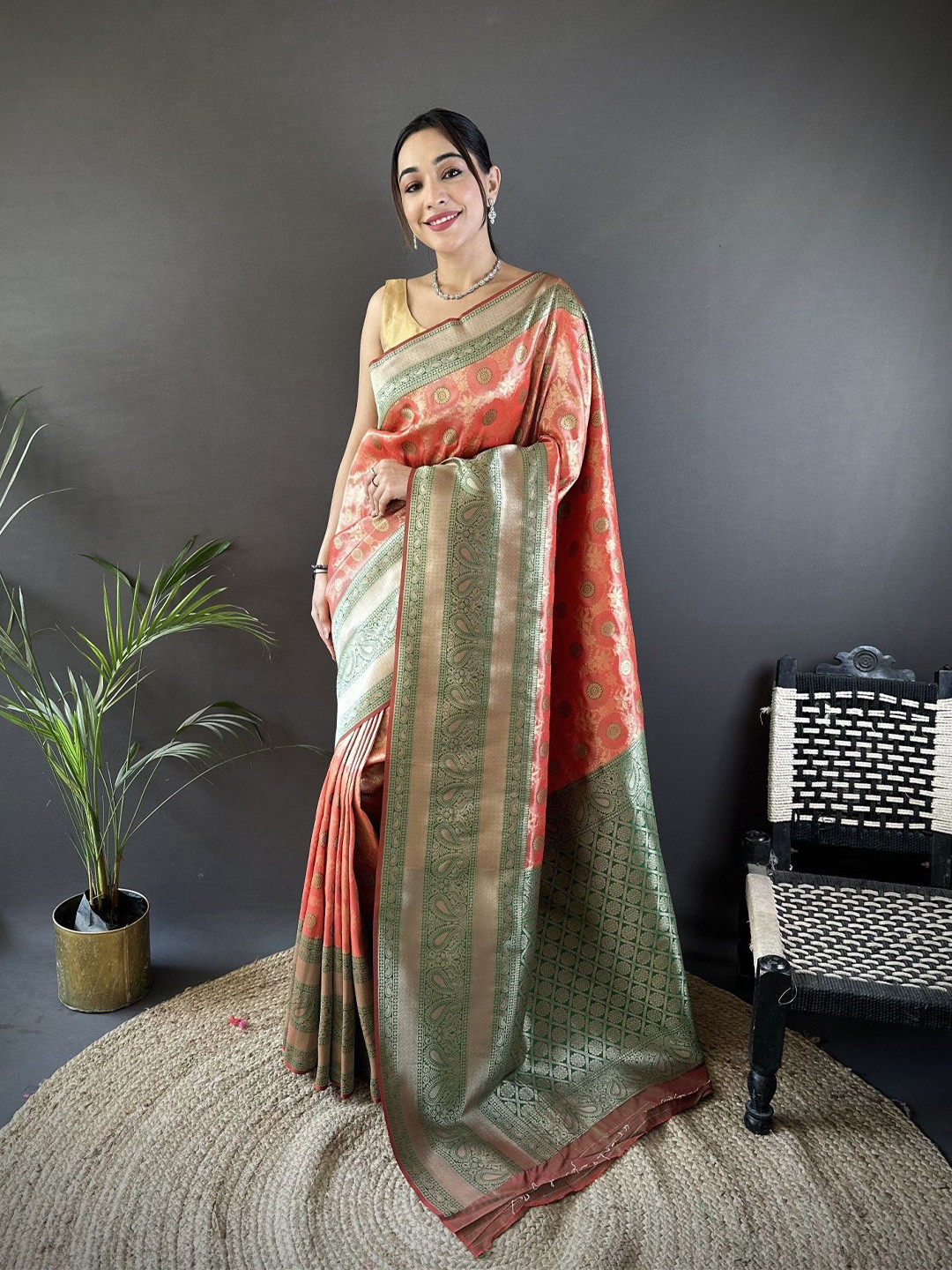 Panzora Woven Design Zari Work Dharmavaram Saree With Unstitched Blouse Piece