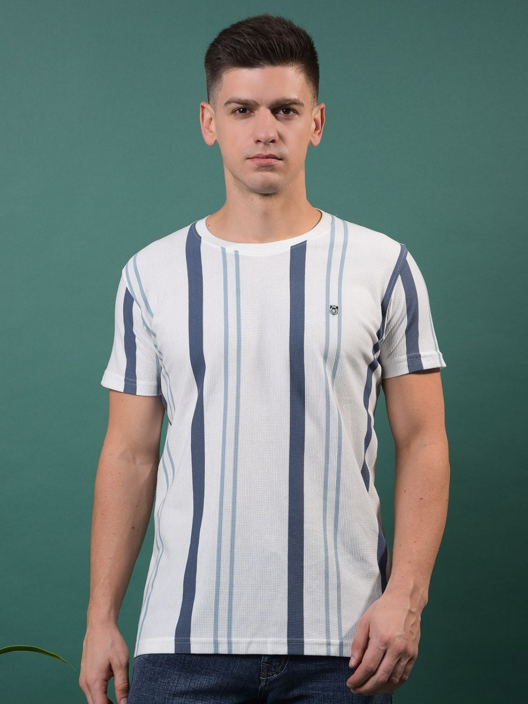 COBB Striped Printed Round Neck Multi or Variegate Stripes Cotton Applique T-shirt