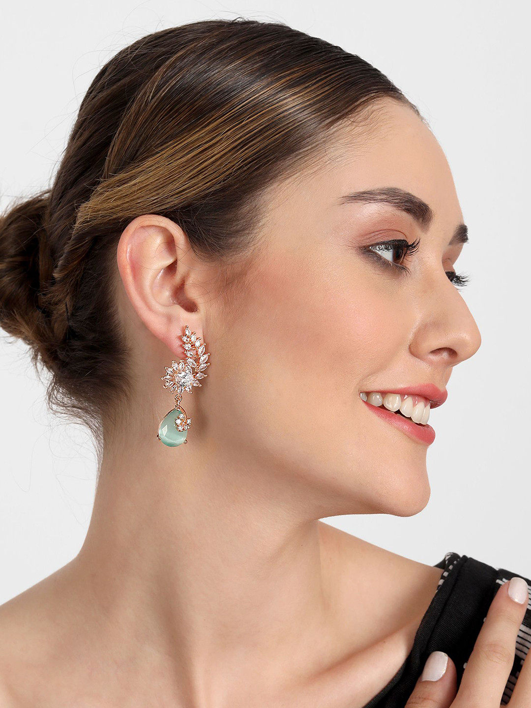 Manuvi Jewels Rose Gold Plated Cubic Zirconia Studded Contemporary Drop Earrings